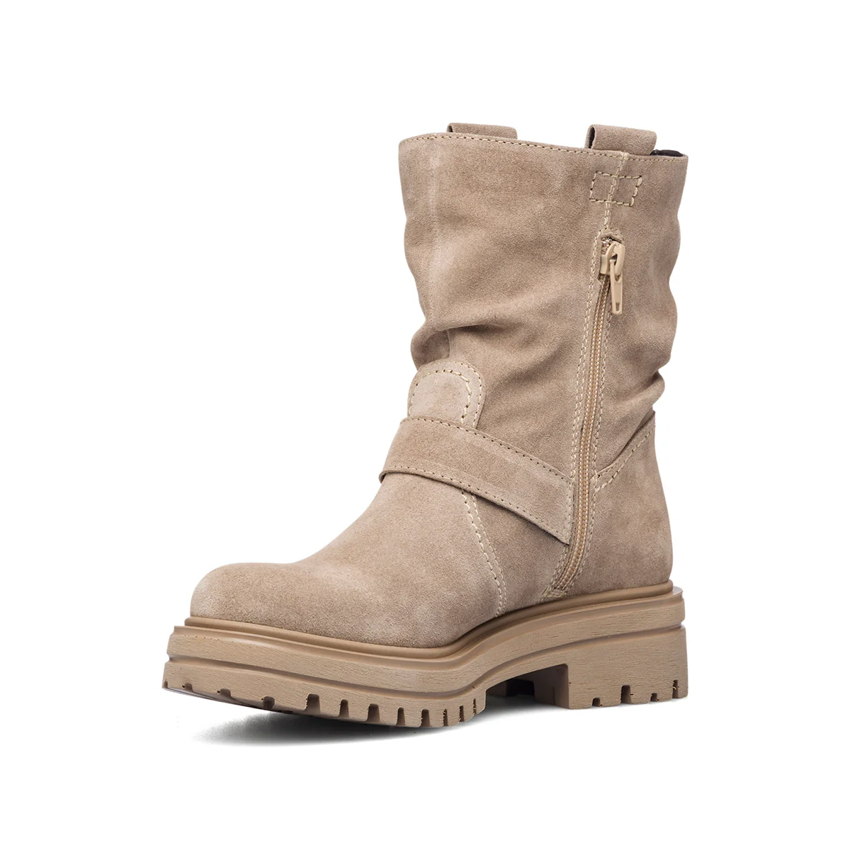 Stivaletti beige in pelle arricciata con cinturino Primopiano - Image 5
