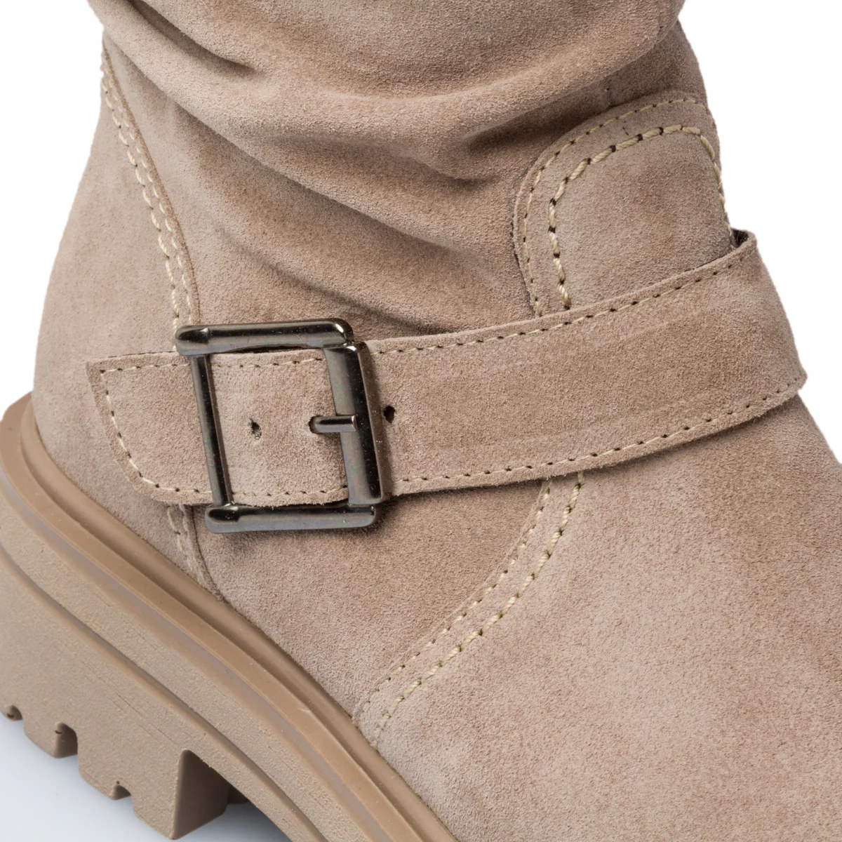 Stivaletti beige in pelle arricciata con cinturino Primopiano - Image 7