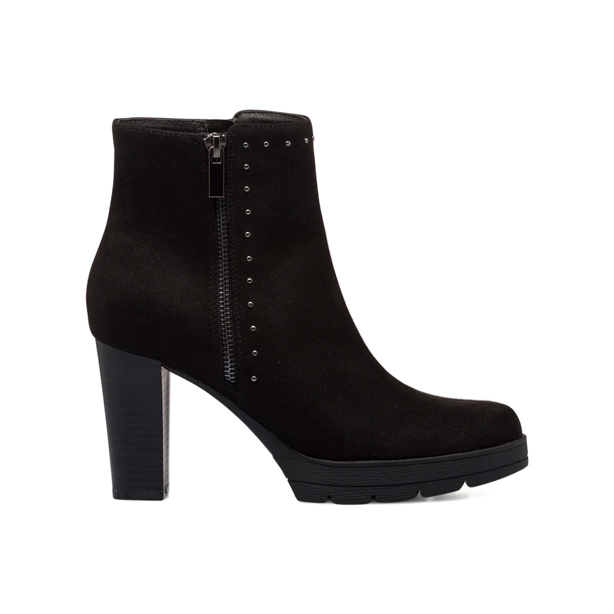 Stivaletti comfort neri da donna con tacco 9 cm, doppia zip e borchiette P Soft