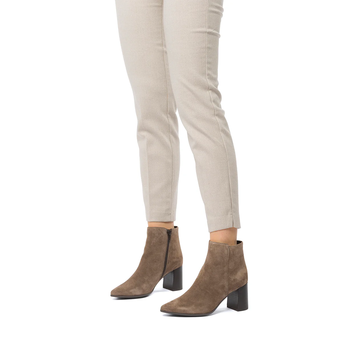Stivaletti in pelle scamosciata grigi da donna con tacco a blocco 7 cm e zip P Essentials - Image 2