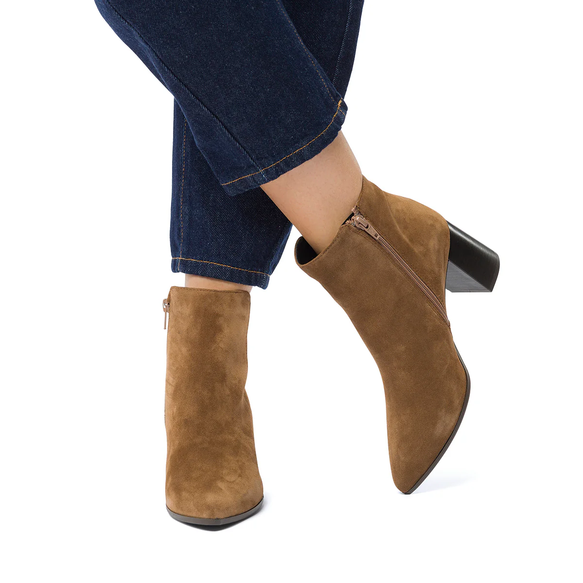 Stivaletti in pelle scamosciata marroni da donna con tacco a blocco 7 cm e zip P Essentials