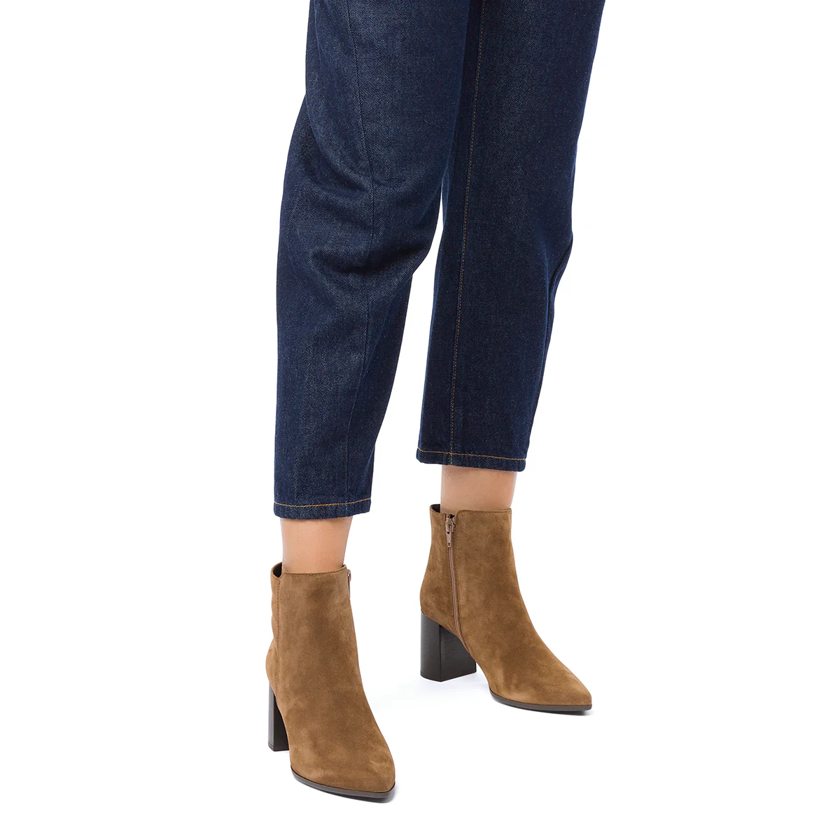Stivaletti in pelle scamosciata marroni da donna con tacco a blocco 7 cm e zip P Essentials - Image 2