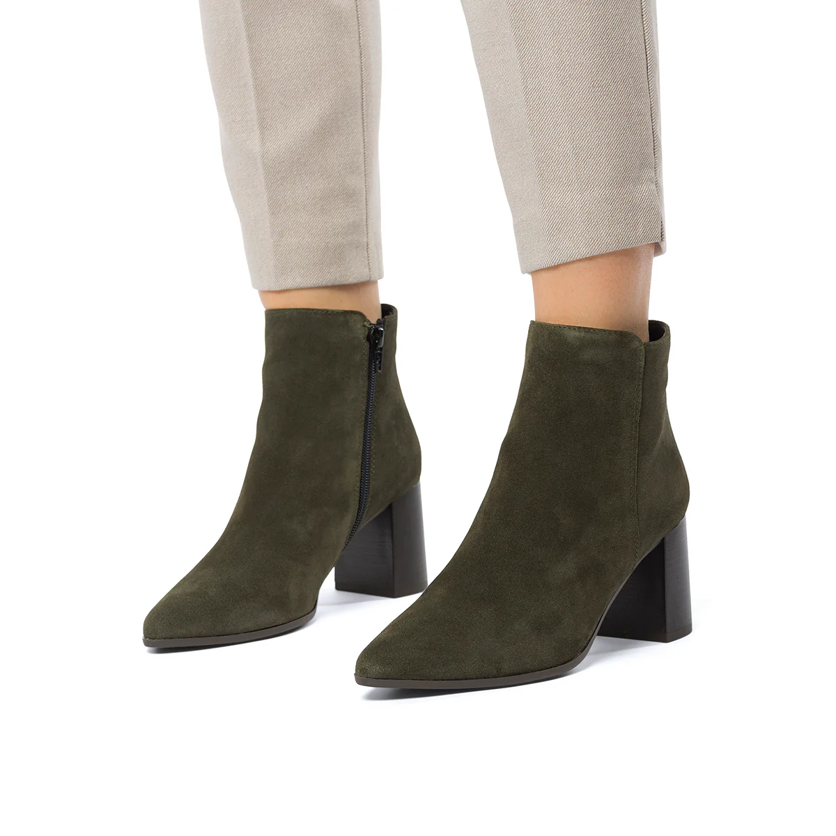 Stivaletti in pelle scamosciata verdi da donna con tacco a blocco 7 cm e zip P Essentials - Image 3