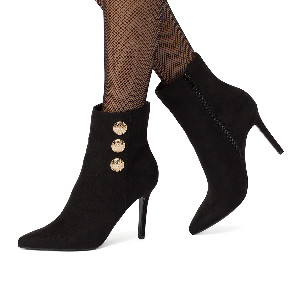 Stivaletti neri scamosciati da donna con bottoni oro e tacco a stiletto 9 cm Lora Ferres