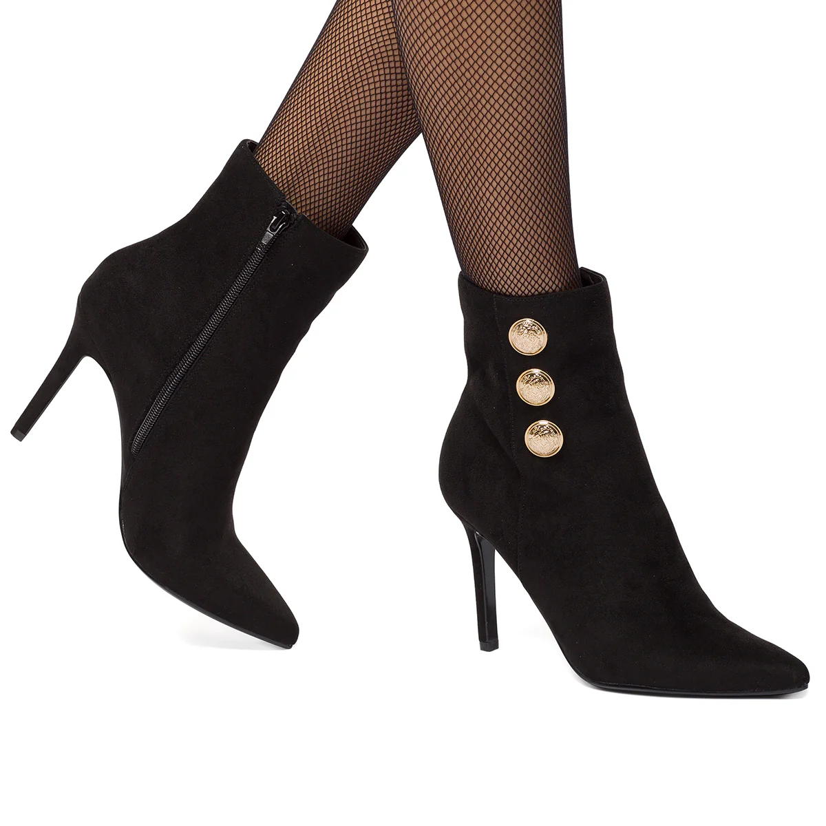 Stivaletti neri scamosciati da donna con bottoni oro e tacco a stiletto 9 cm Lora Ferres - Image 9