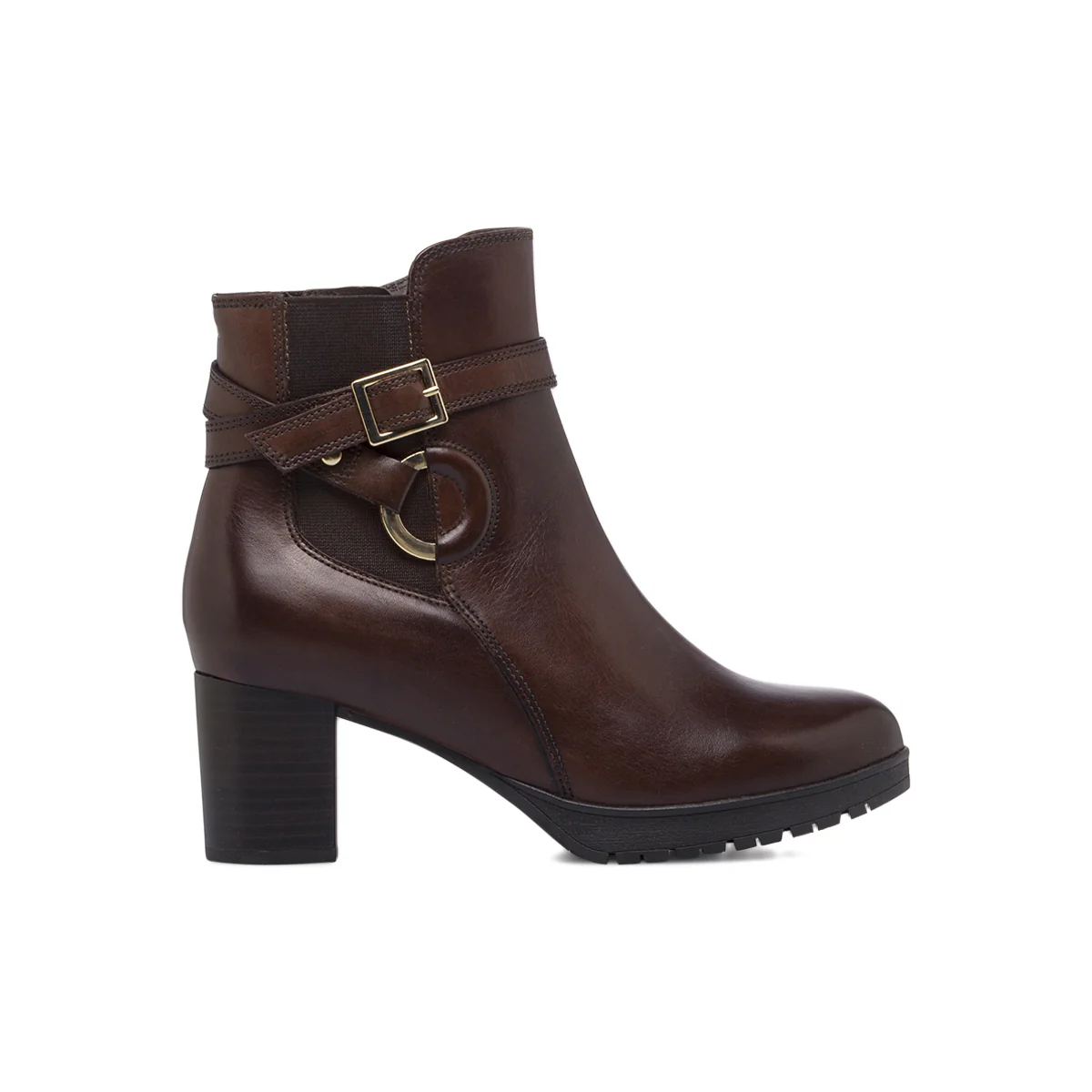 Stivaletto da donna marrone in pelle con tacco e fibbia Primopiano