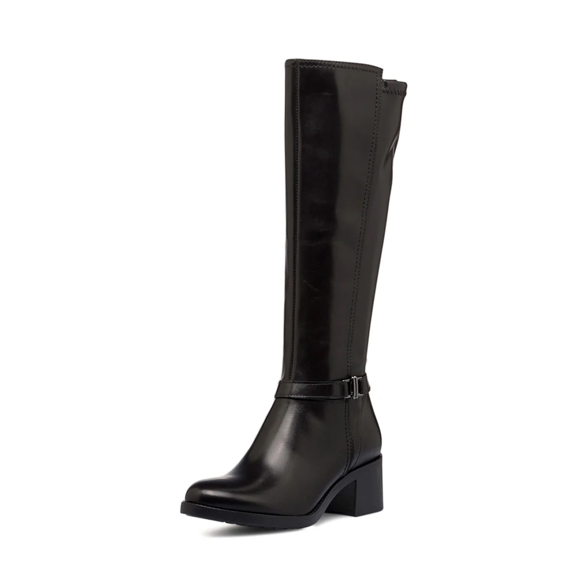 Stivali alti neri in pelle da donna con tacco 6 cm e cinturino P Essentials - Image 2