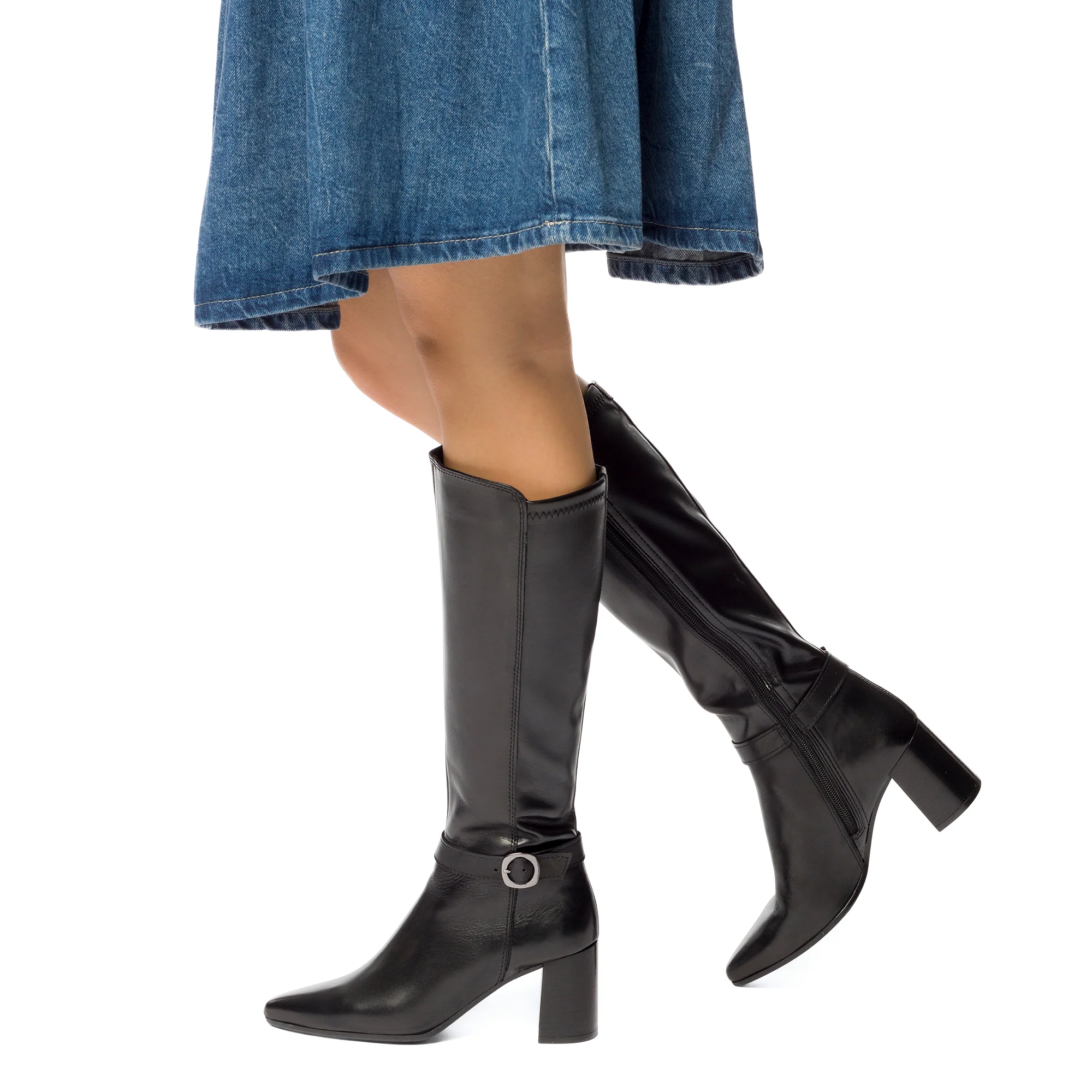 Stivali alti neri in pelle da donna con tacco 8 cm e cinturino P Essentials - Image 3