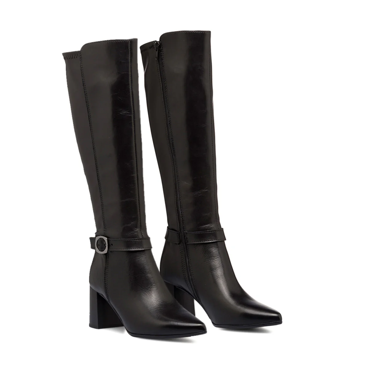 Stivali alti neri in pelle da donna con tacco 8 cm e cinturino P Essentials - Image 4