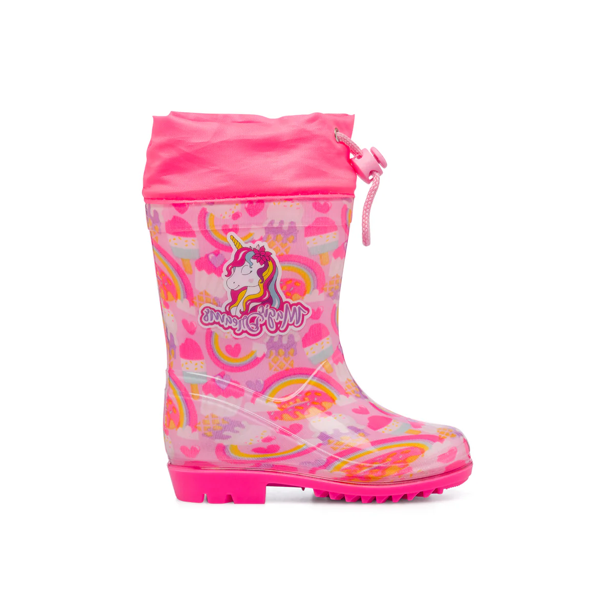 Stivali di gomma rosa da bambina con stampa unicorno