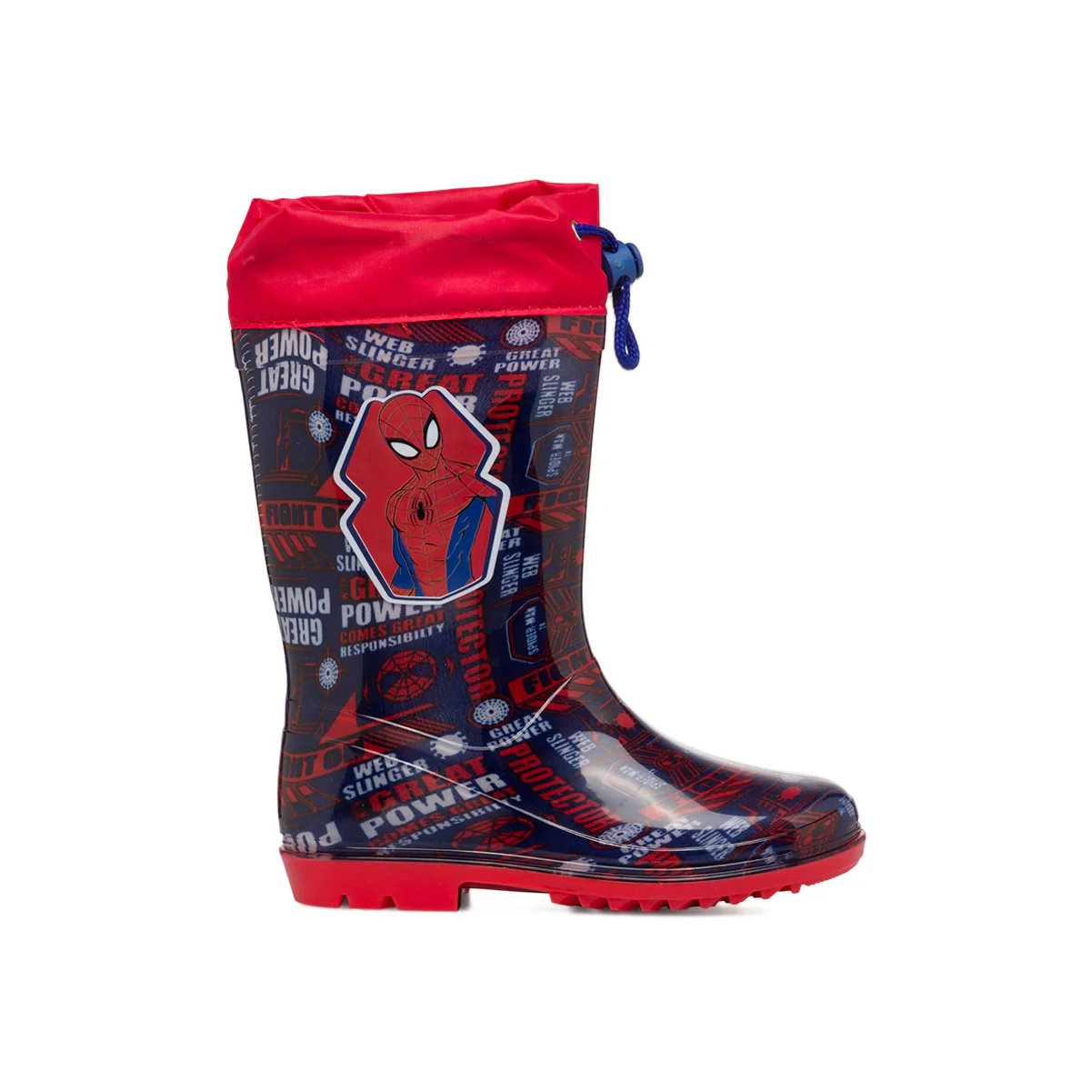 Stivali di gomma rossi e blu da bambino con stampa Spiderman