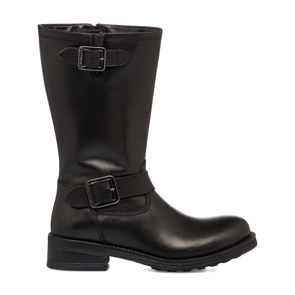 Stivali in pelle neri da donna con zip e fibbie Primopiano
