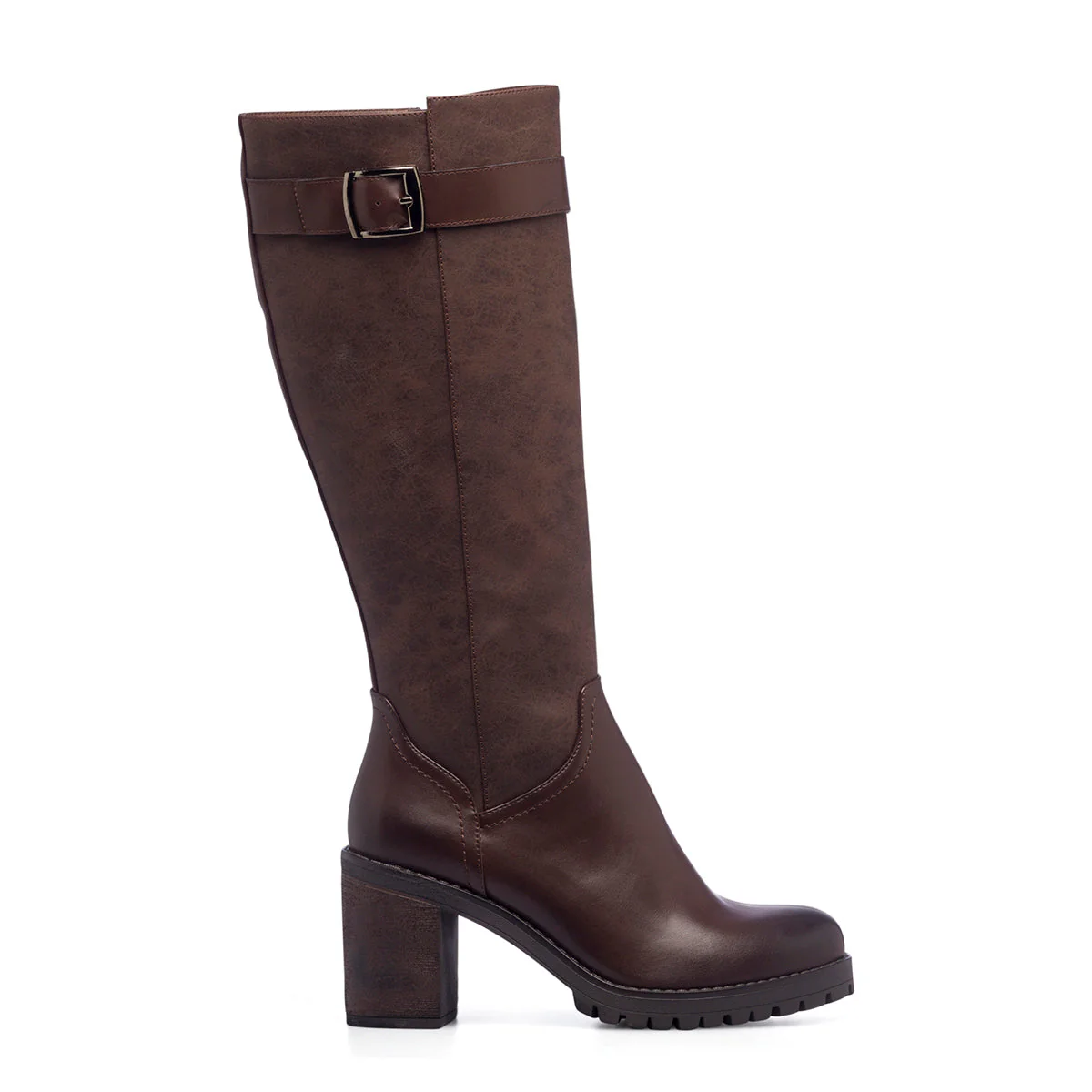 Stivali marroni da donna con tacco 7 cm e cinturino Lora Ferres