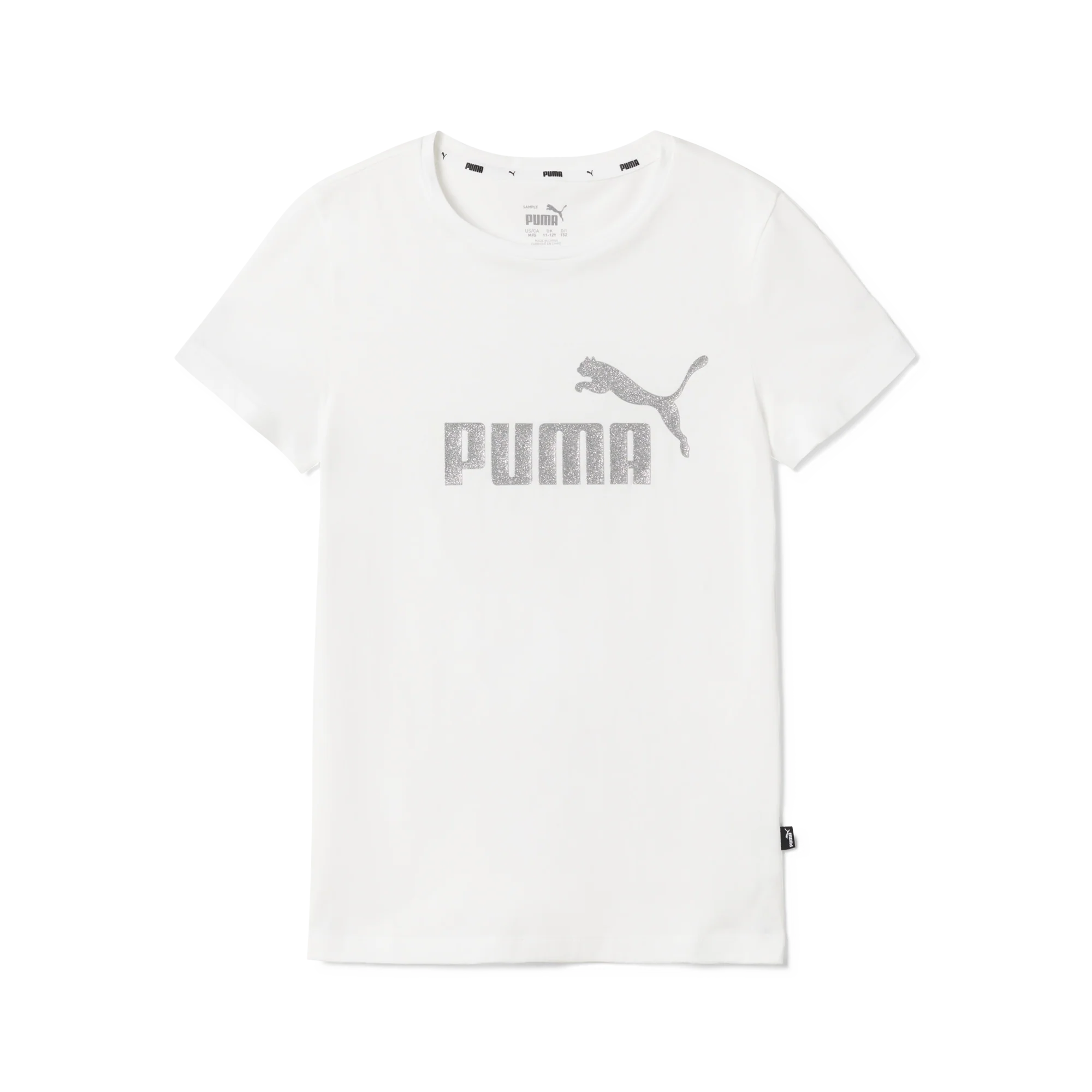 T-shirt bianca da bambina con logo grigio glitterato Puma Essentials +