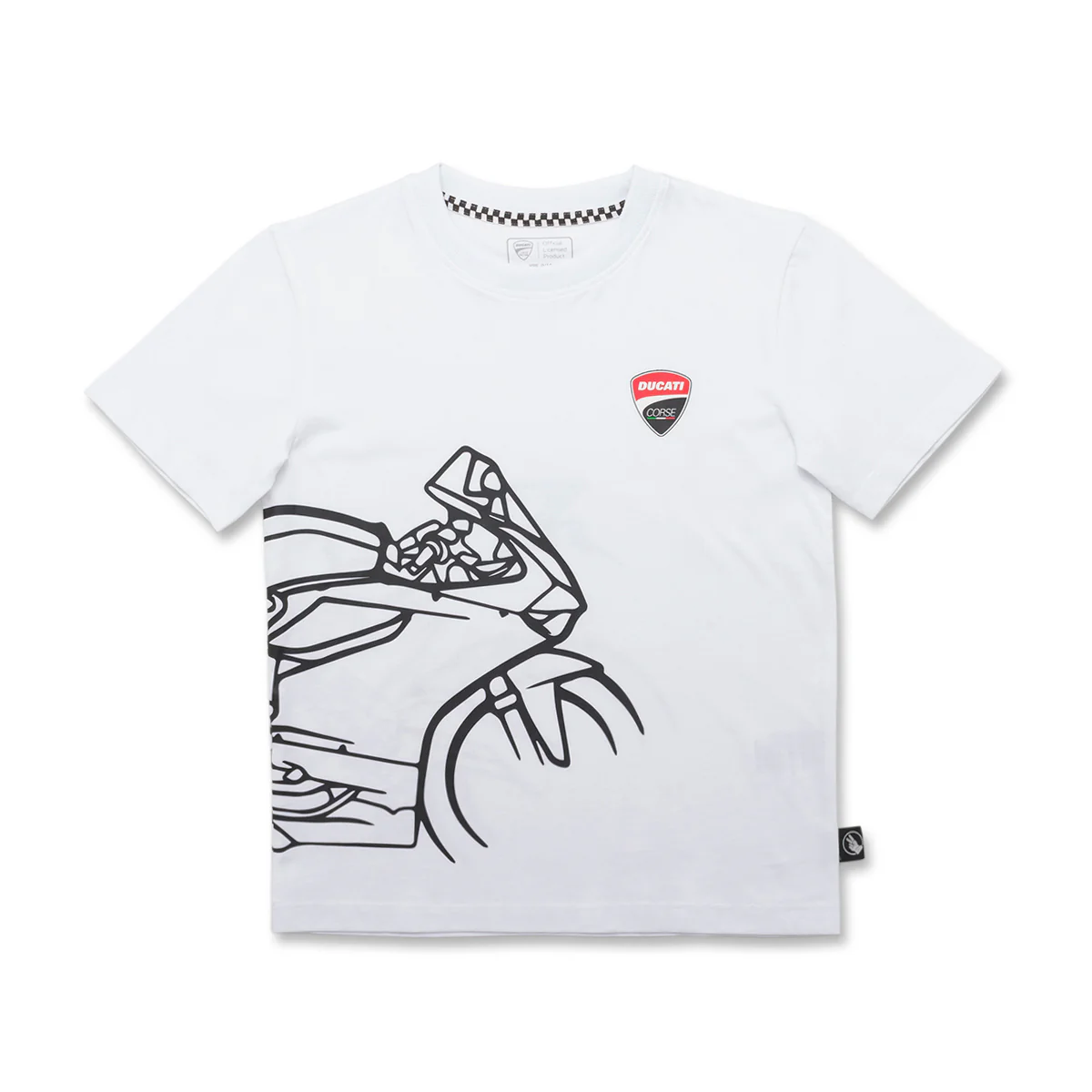 T-shirt bianca da bambino con logo sul petto e stampa sul lato Ducati Corse
