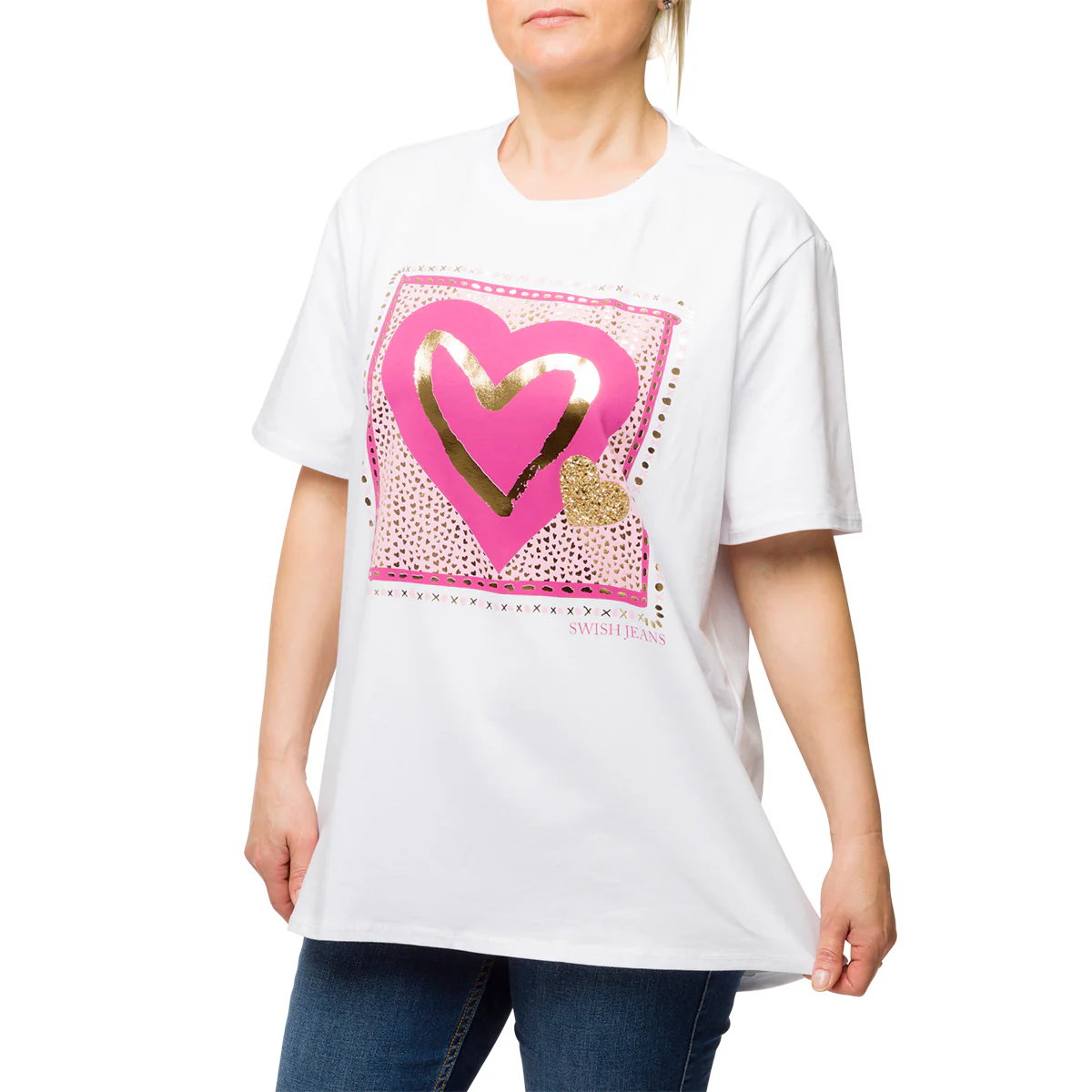 T-shirt bianca da donna con cuore glitterato Swish Jeans