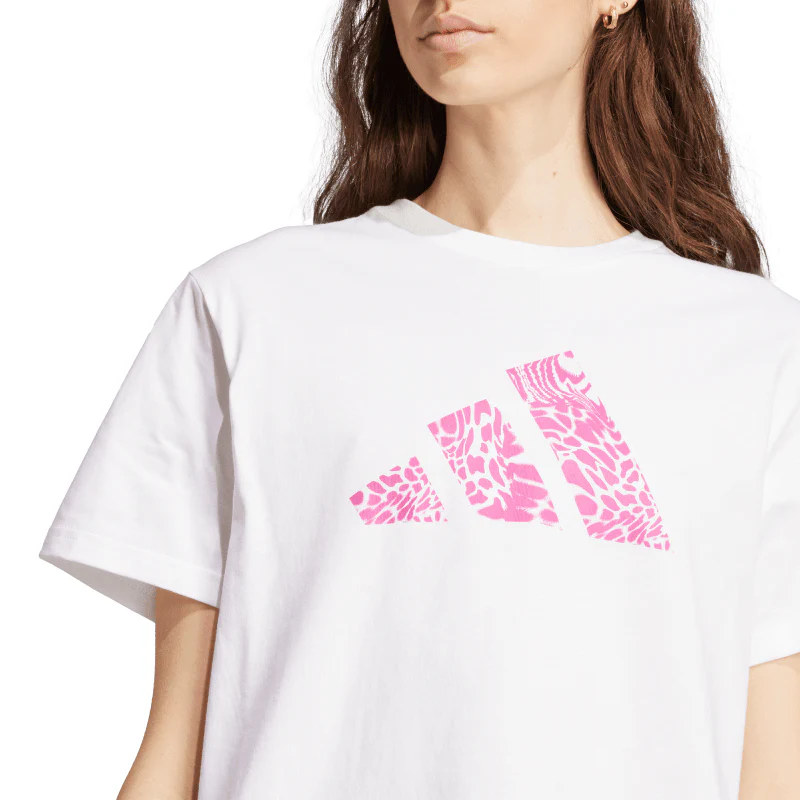 T-shirt bianca da Donna con logo effetto animalier adidas