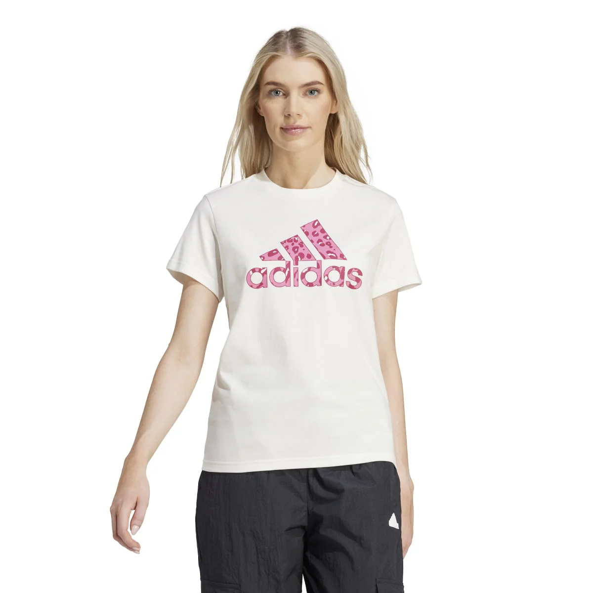 T-shirt bianca da donna con logo effetto animalier rosa adidas W Animal GT