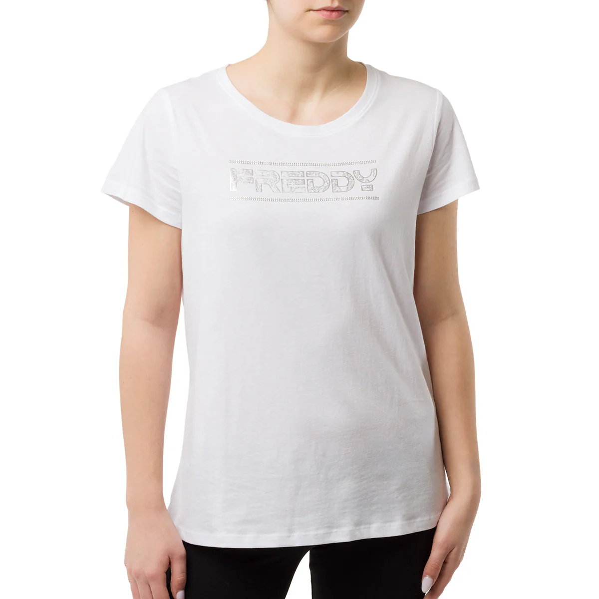 T-shirt bianca da donna con logo frontale argento con strass Freddy