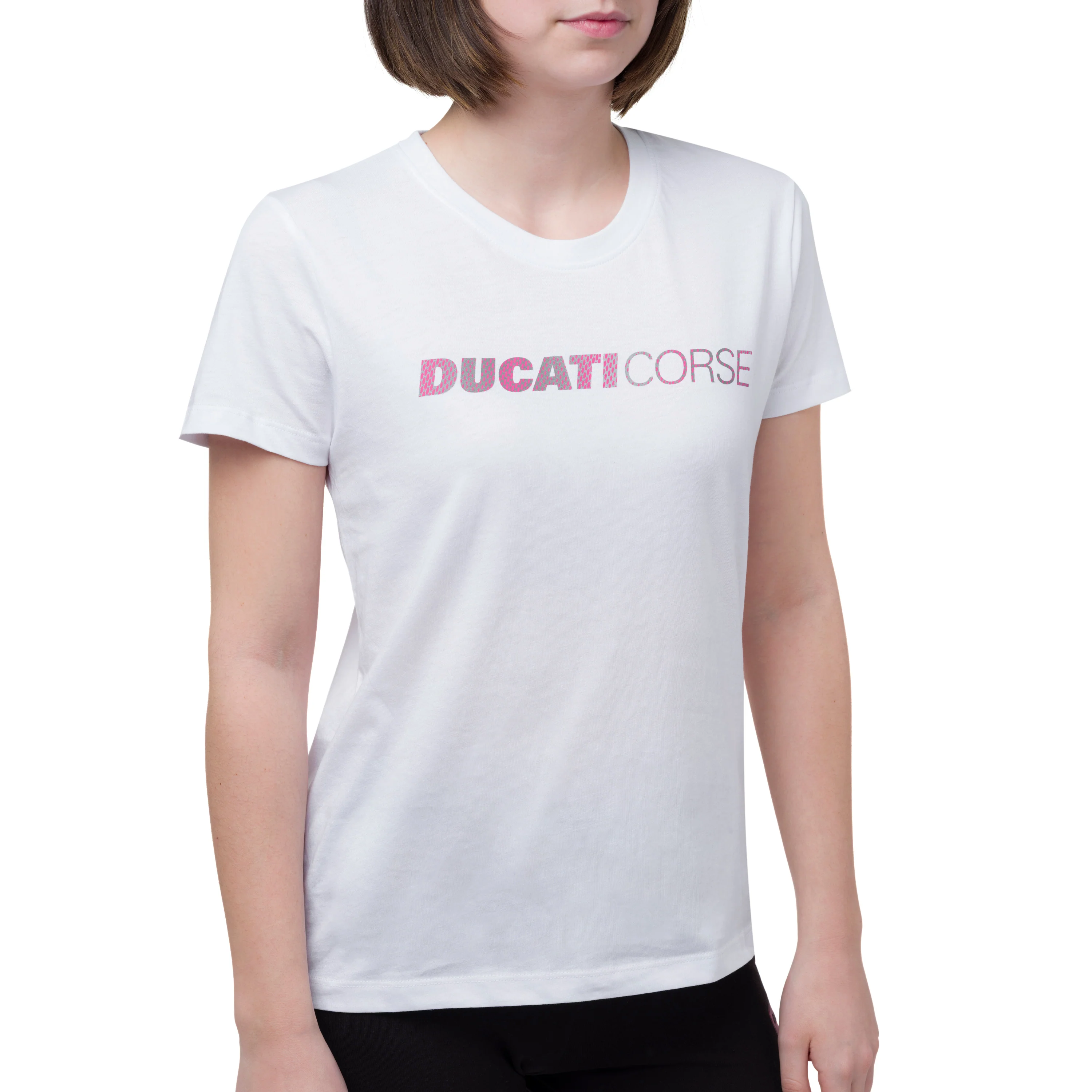T-shirt bianca da donna in cotone con logo rosa Ducati Corse