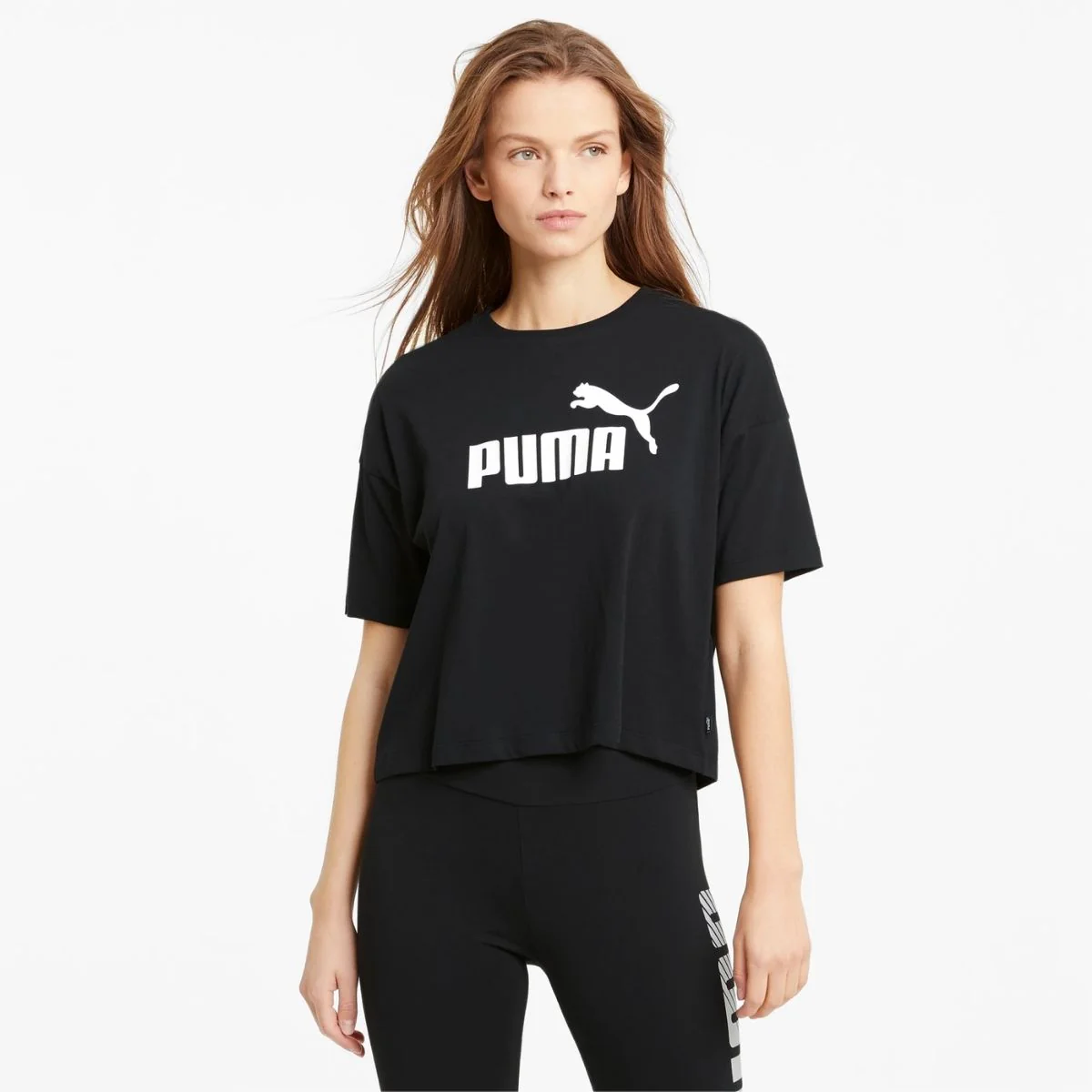 T-shirt corta nera da donna Puma Essentials Cropped Logo