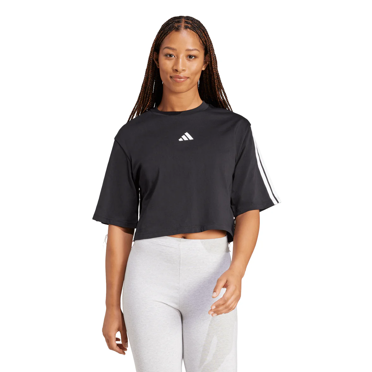 T-shirt crop da donna nera con logo bianco adidas - Image 3