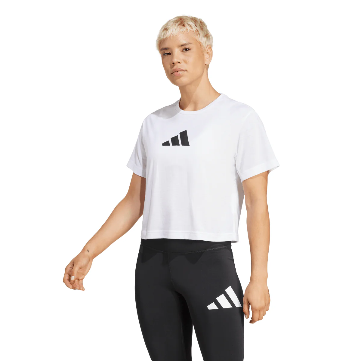 T-shirt cropped bianca da Donna con logo frontale adidas - Image 3