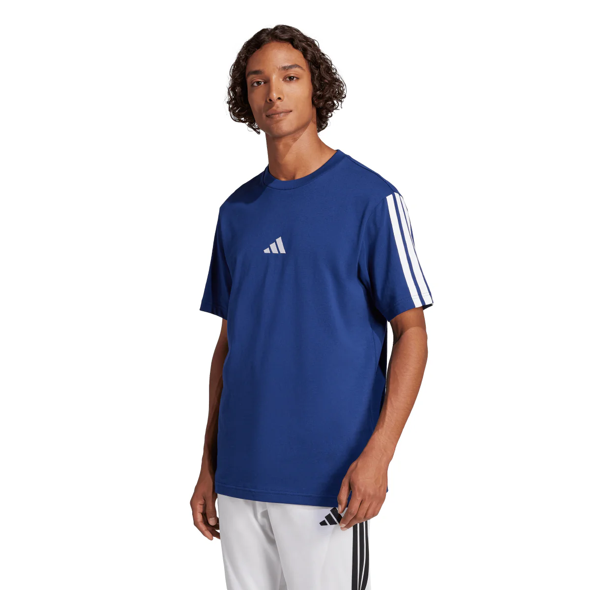 T-shirt da uomo blu adidas Essentials con 3 strisce bianche in Cotone