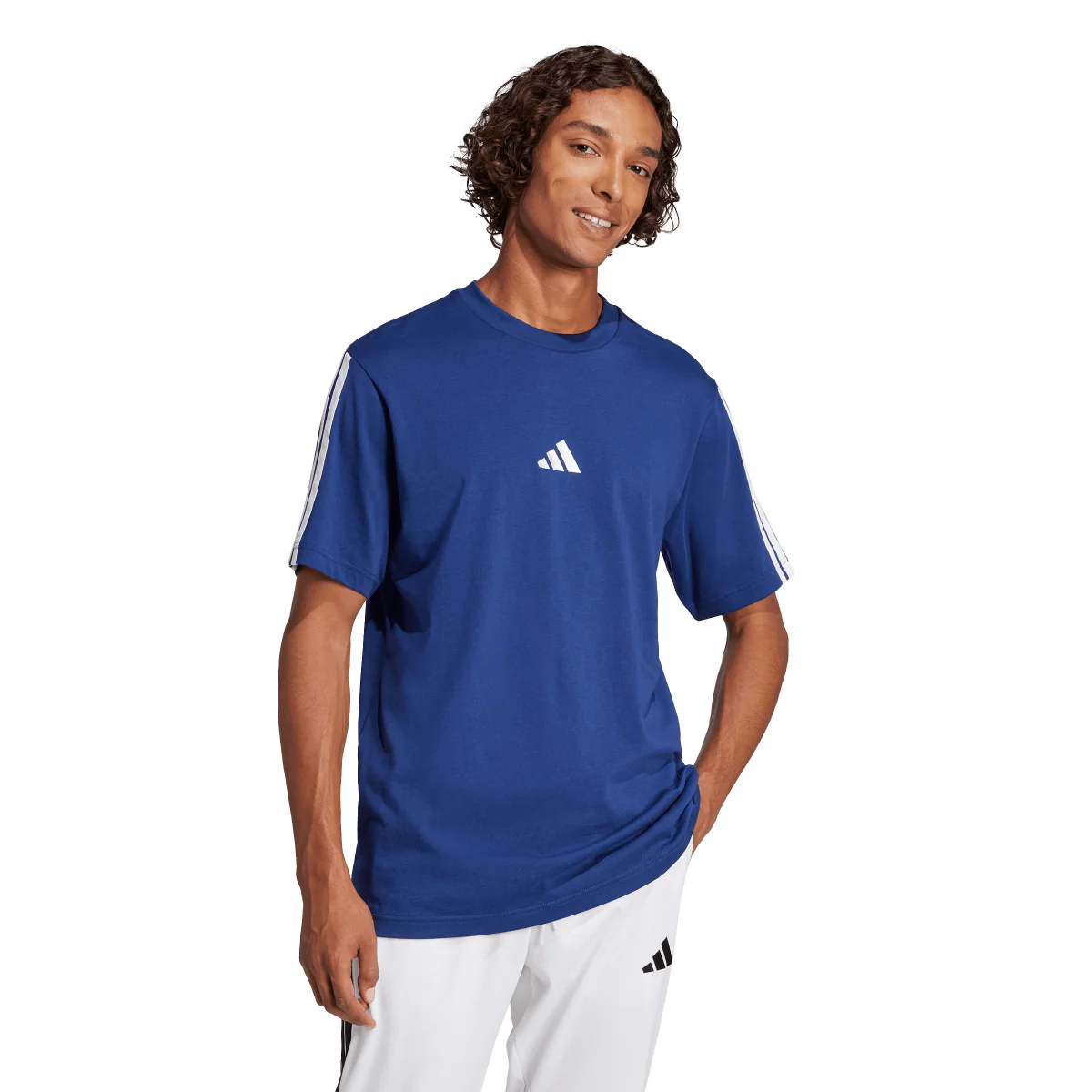 T-shirt da uomo blu adidas Essentials con 3 strisce bianche in Cotone - Image 5