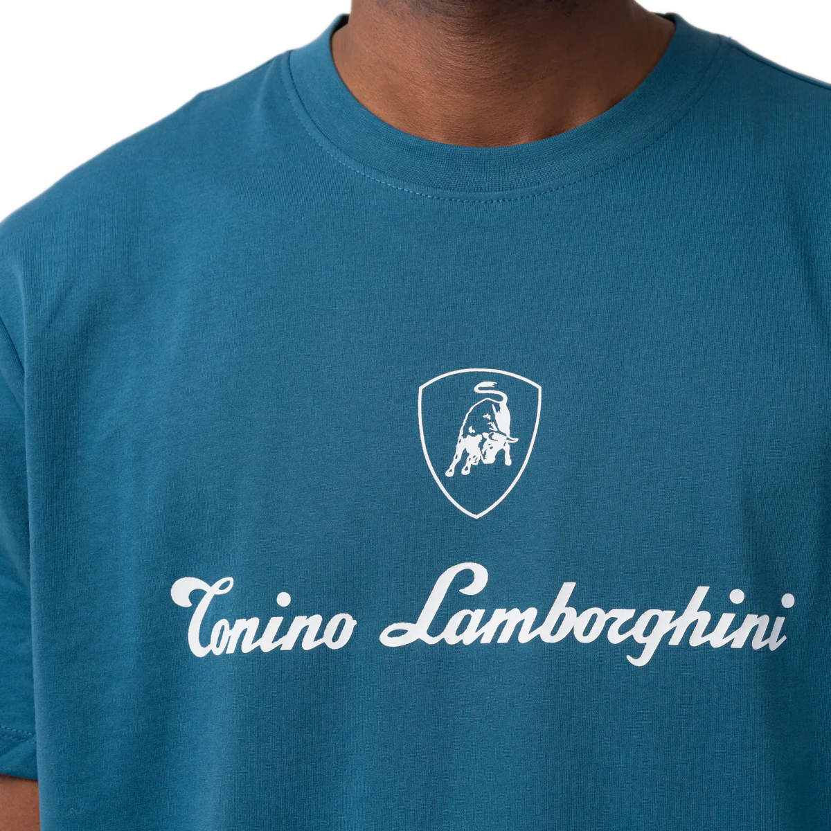 T-shirt da uomo blu ottanio in cotone con logo bianco Tonino Lamborghini - Image 3
