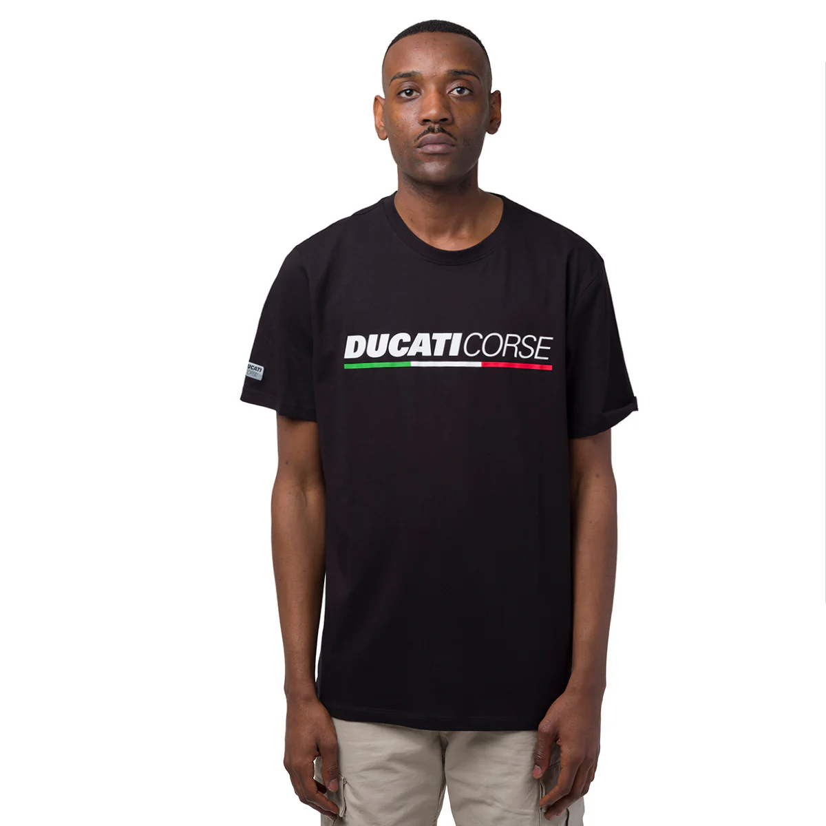 T-shirt da uomo nera in cotone con logo e stampa Ducati Corse