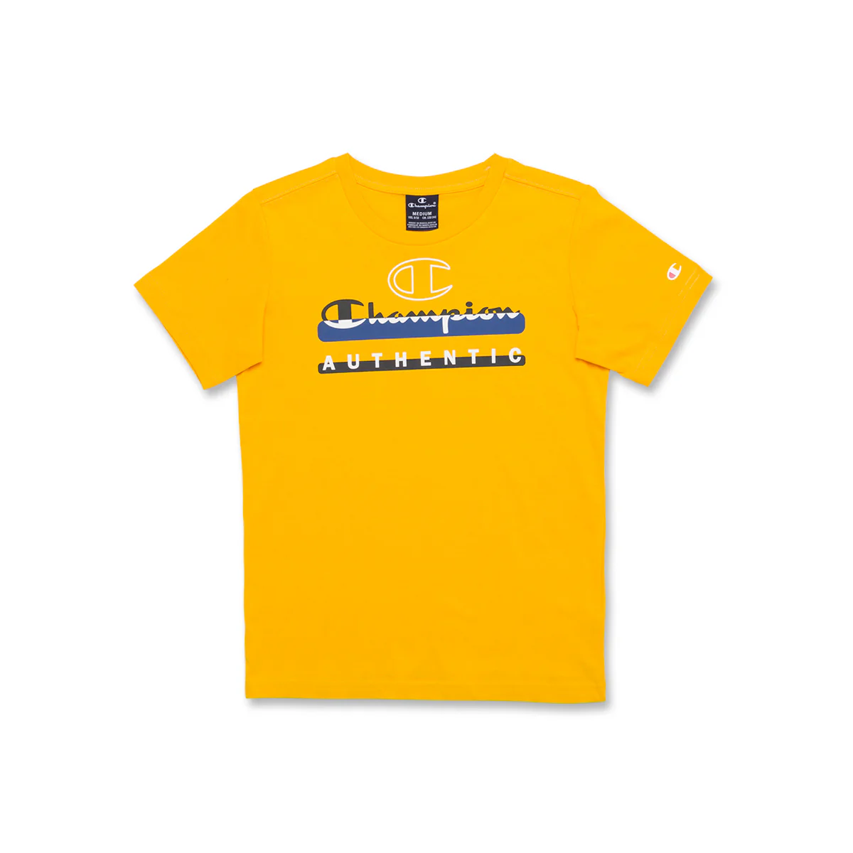 T-shirt gialla da bambino con stampa blu e nera sul petto Champion