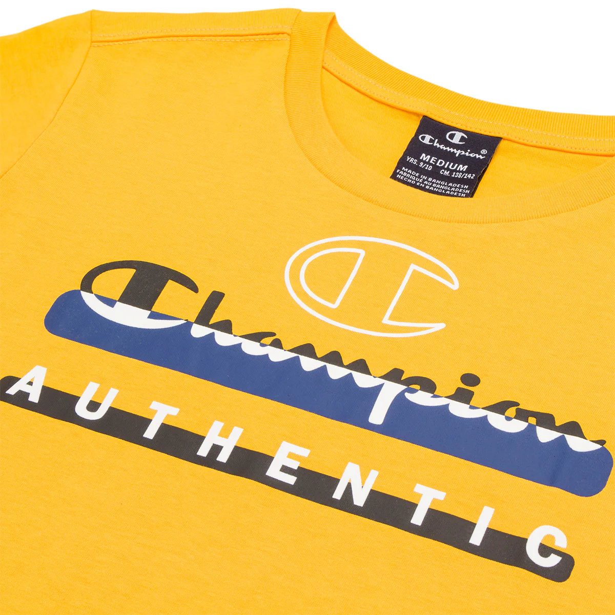 T-shirt gialla da bambino con stampa blu e nera sul petto Champion - Image 3