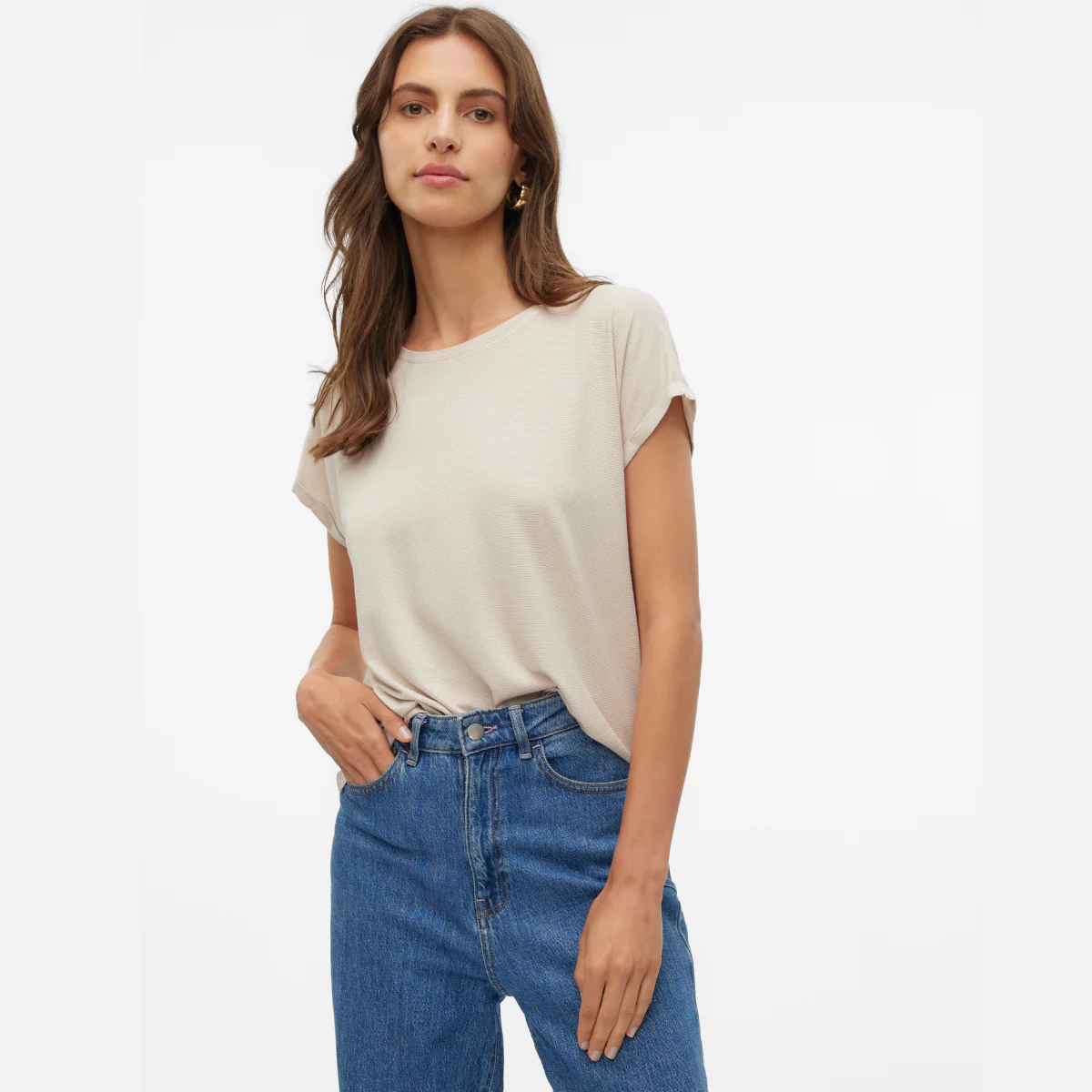 T-shirt girocollo beige da Donna a costine e glitter Vero Moda