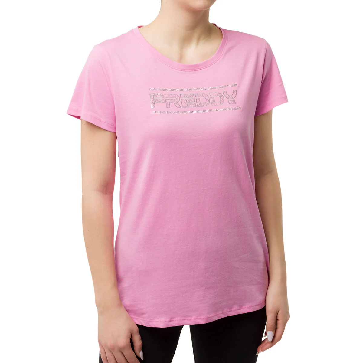 T-shirt lilla da donna con logo frontale argento con strass Freddy