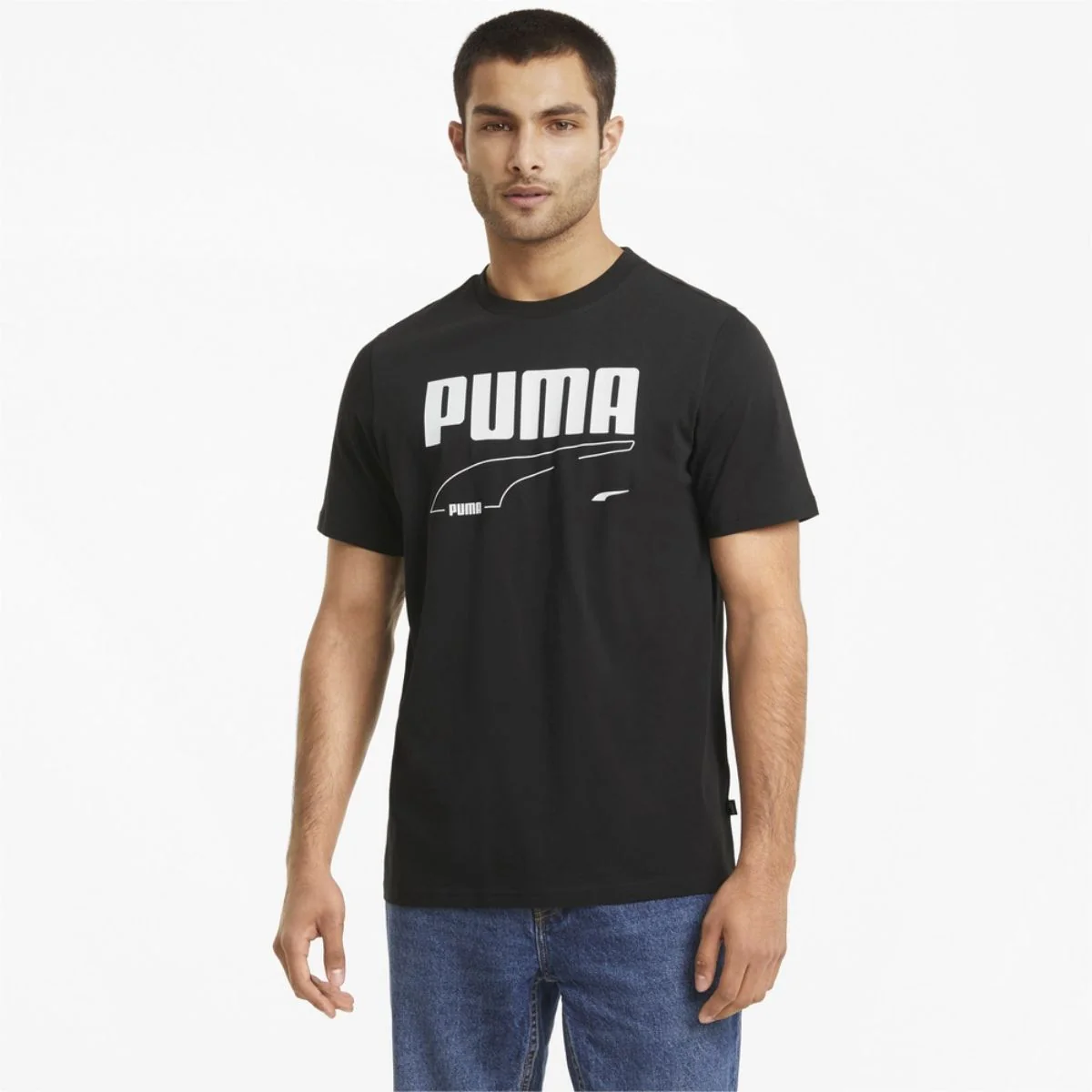 T-shirt nera con stampa a contrasto Puma REBEL