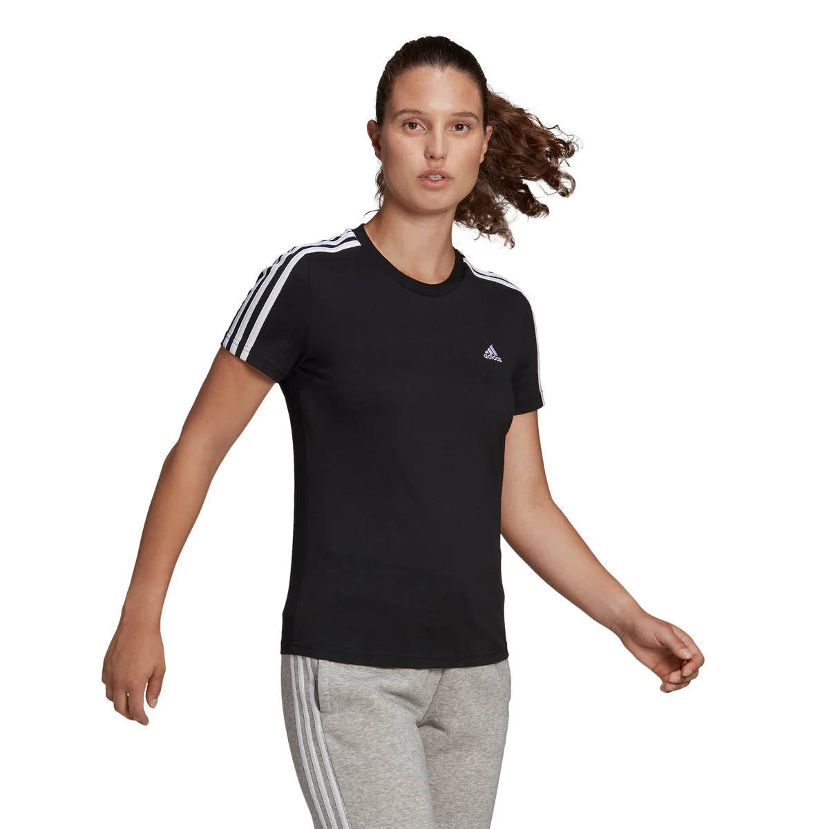 T-shirt nera da donna adidas LOUNGEWEAR Essentials Slim 3-Stripes - Image 2
