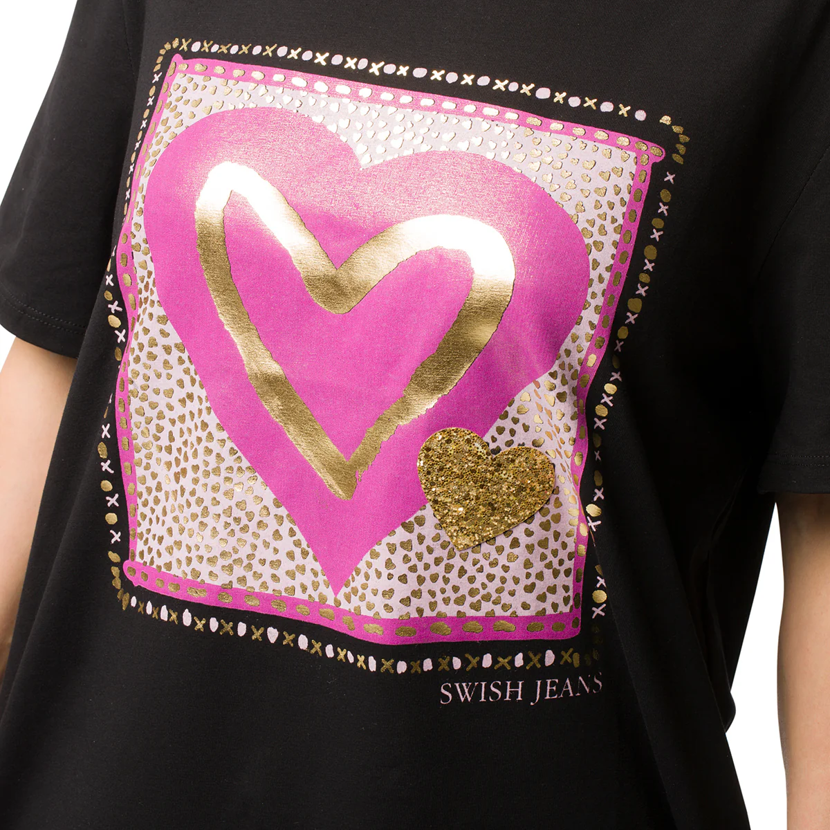 T-shirt nera da donna con cuore glitterato Swish Jeans - Image 3