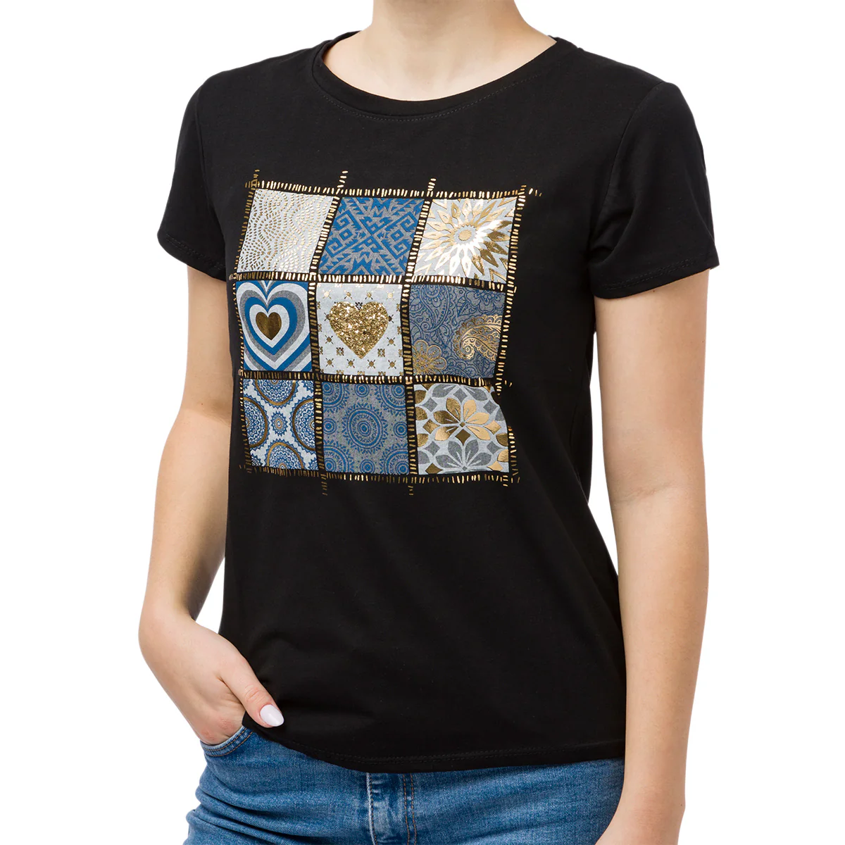 T-shirt nera da donna con dettagli laminati e paillettes Swish Jeans