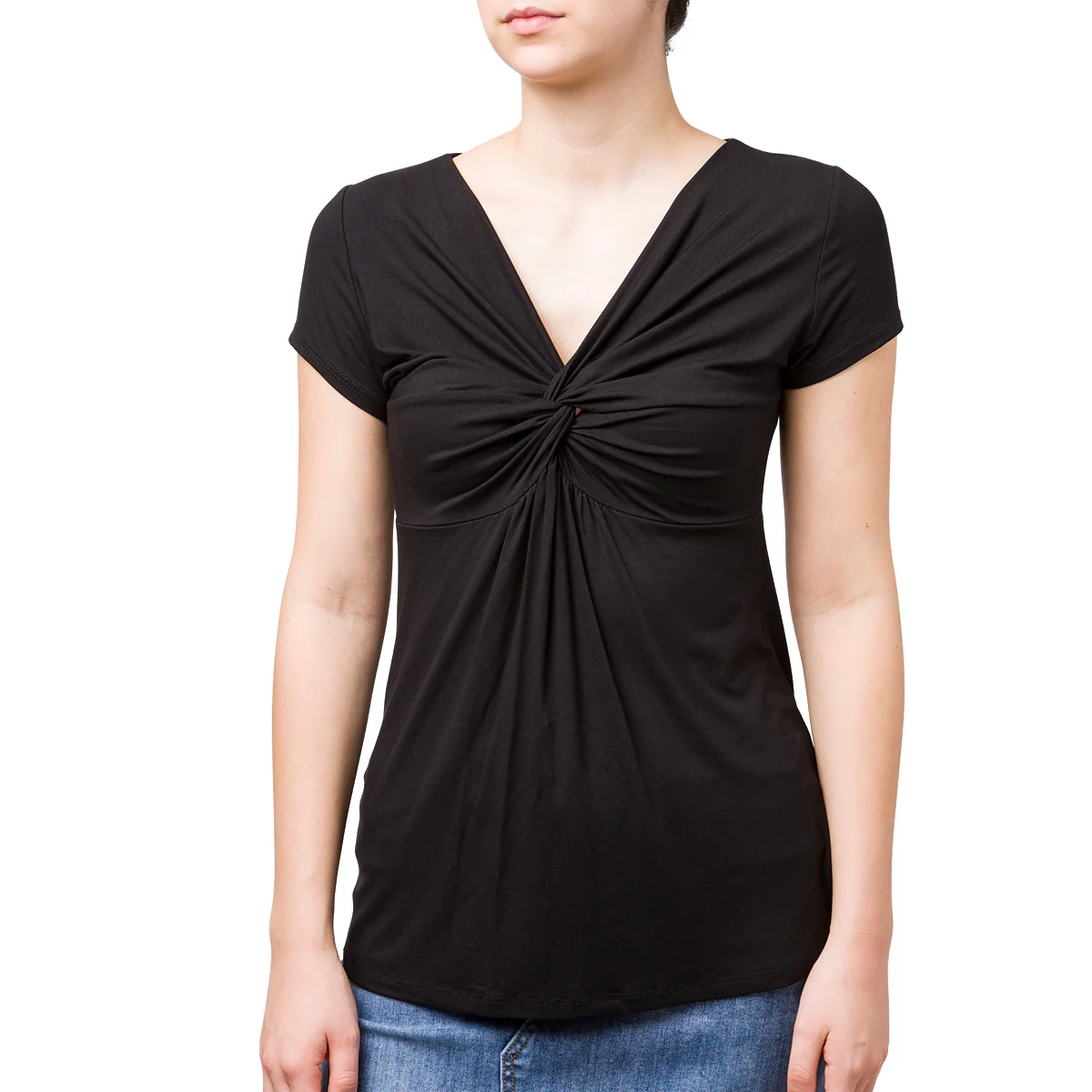 T-shirt nera da donna con dettaglio intrecciato frontale Swish Jeans - Image 3