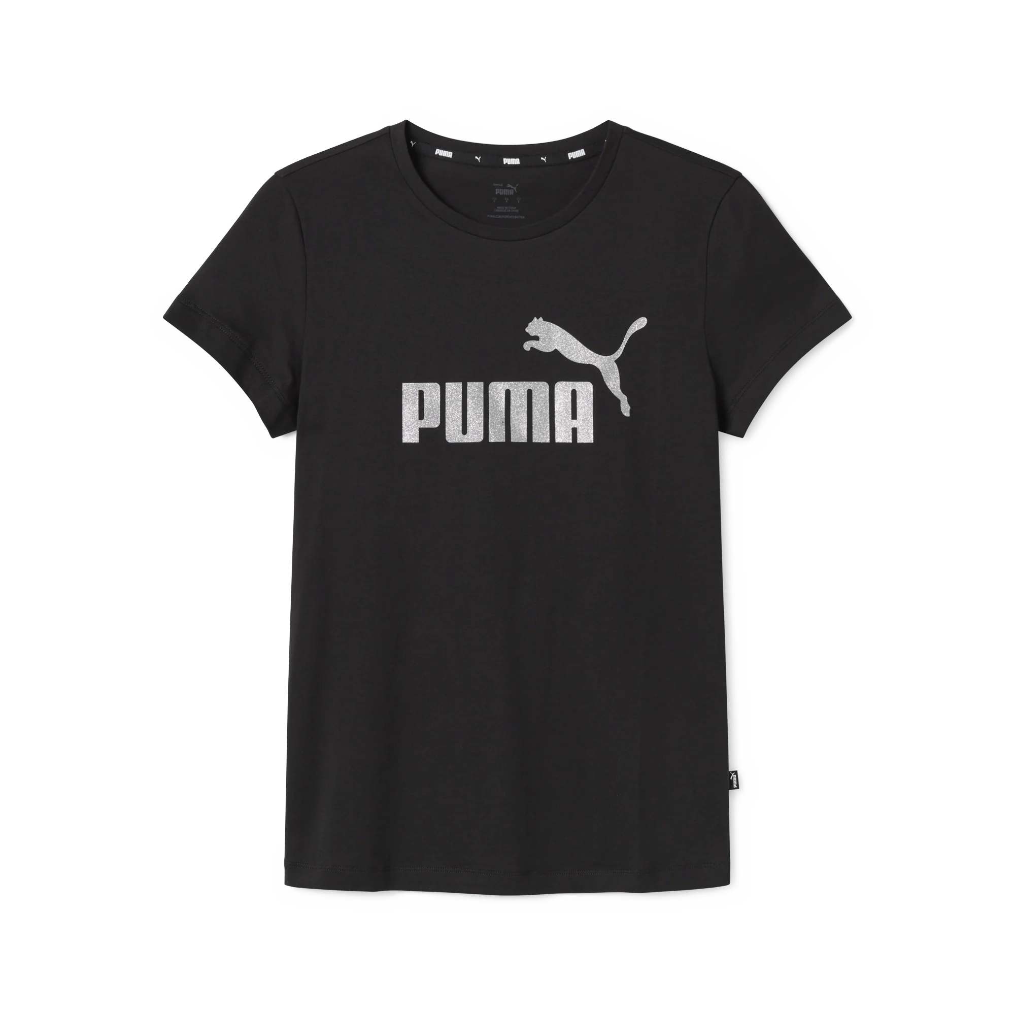 T-shirt nera da donna con logo grigio glitterato Puma Essentials+