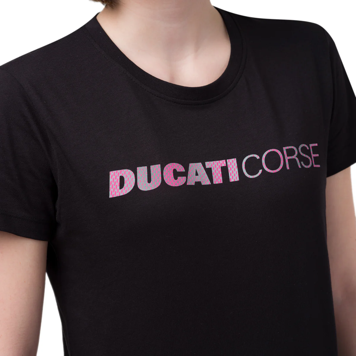 T-shirt nera da donna in cotone con logo rosa Ducati Corse - Image 3