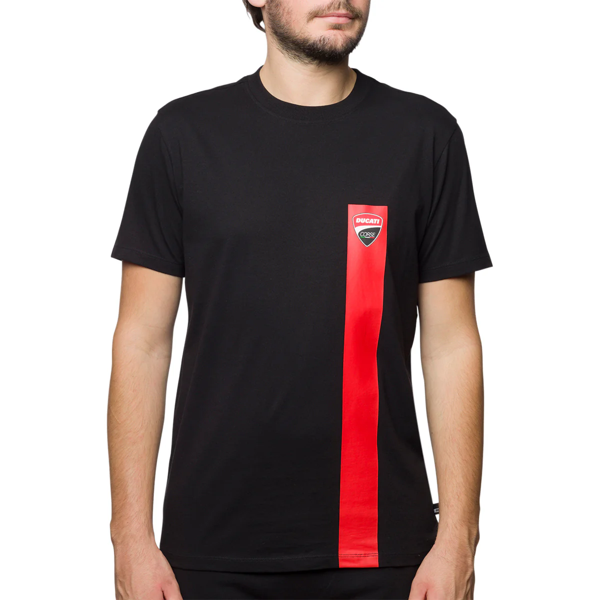 T-shirt nera da uomo con striscia rossa verticale con logo Ducati Corse