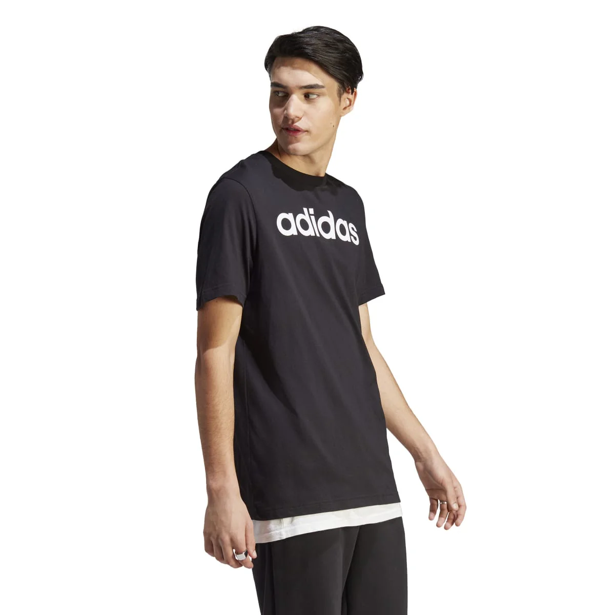 T-shirt nera da uomo Essentials Single Jersey Linear Embroidered Logo adidas - Image 3