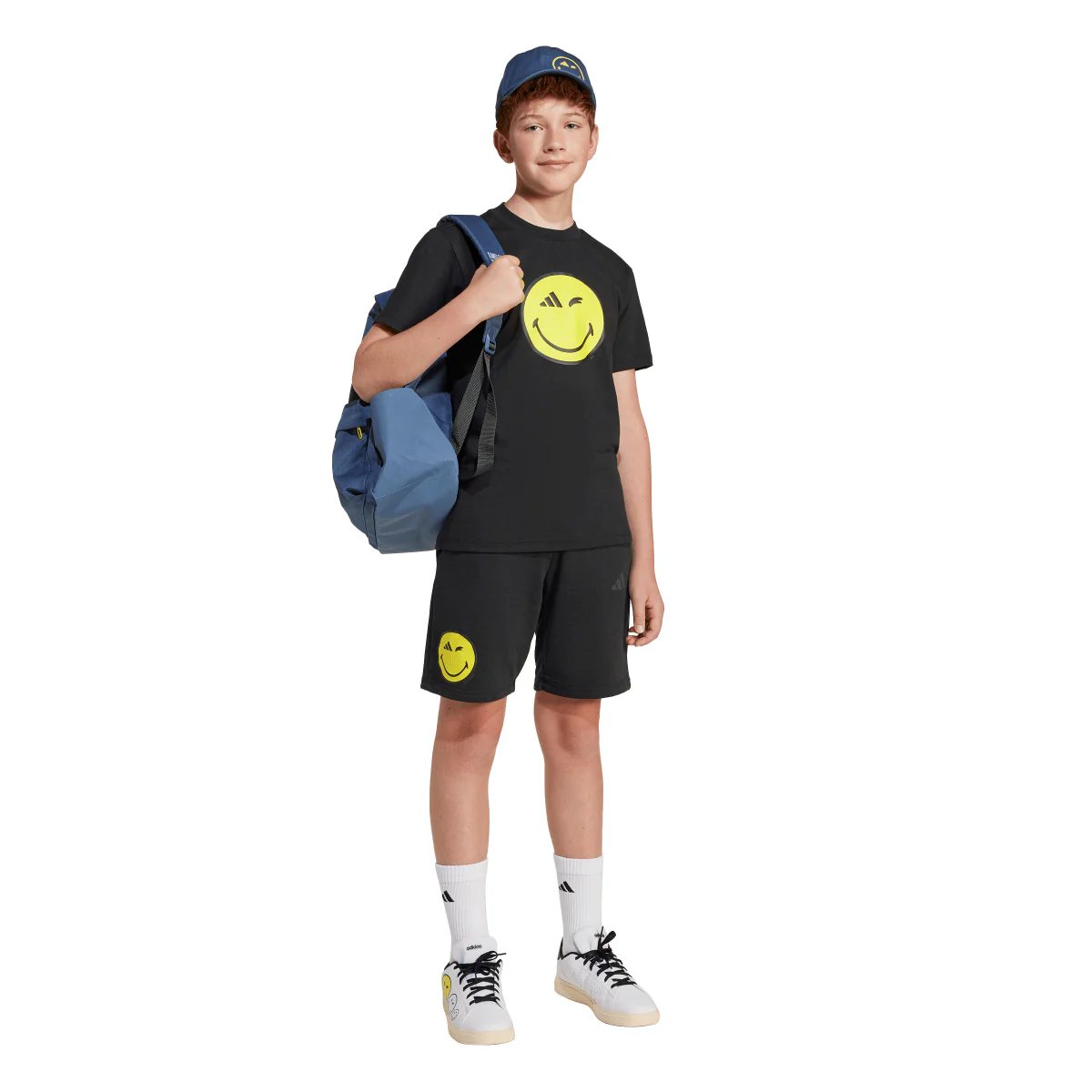 T-shirt nera in cotone da ragazzi con stampa Smile adidas - Image 7