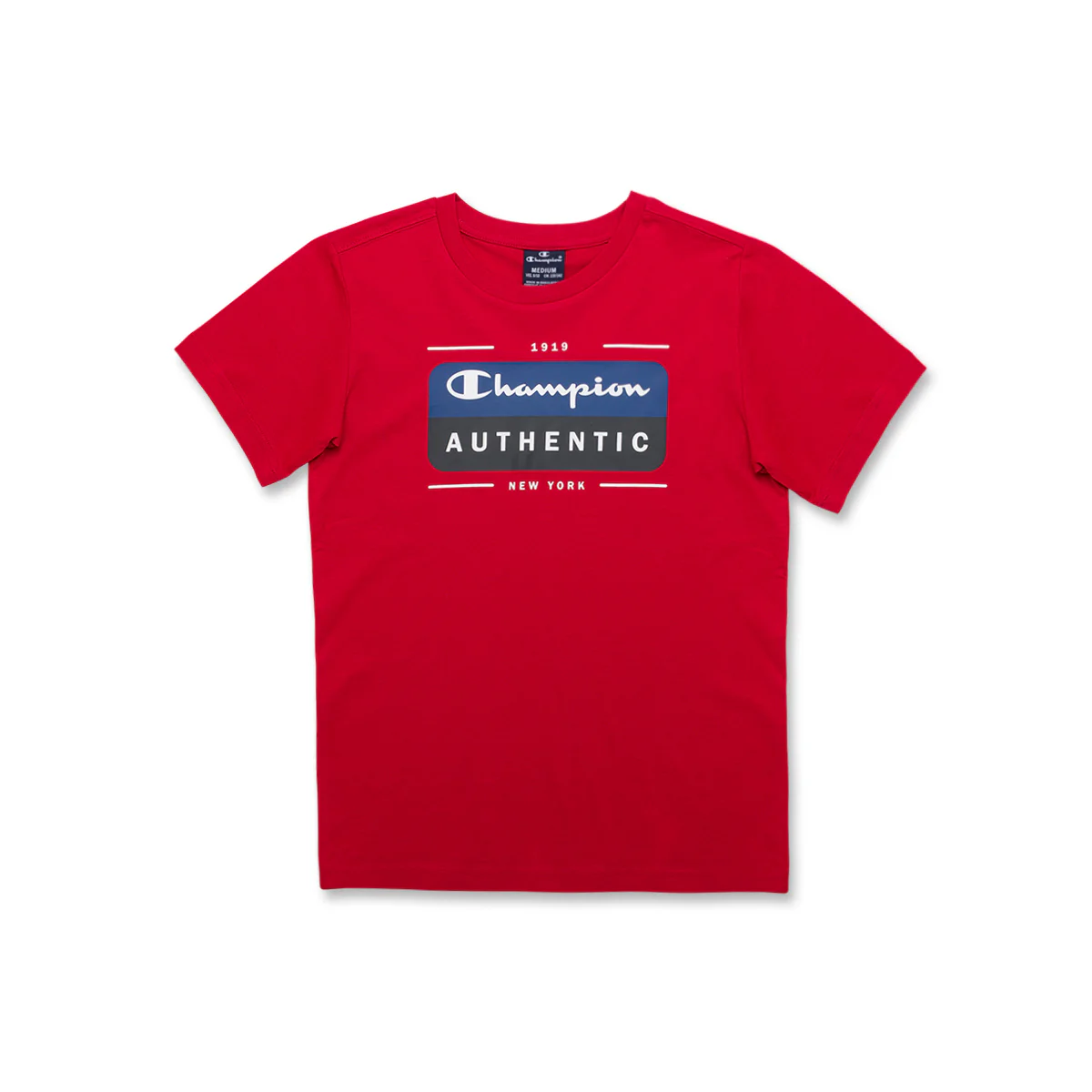T-shirt rossa da bambino con stampa blu e nera sul petto Champion