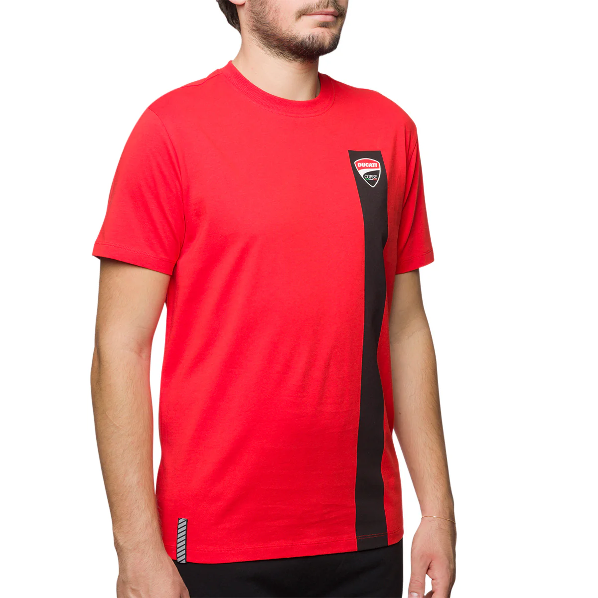 T-shirt rossa da uomo con striscia nera verticale con logo Ducati Corse
