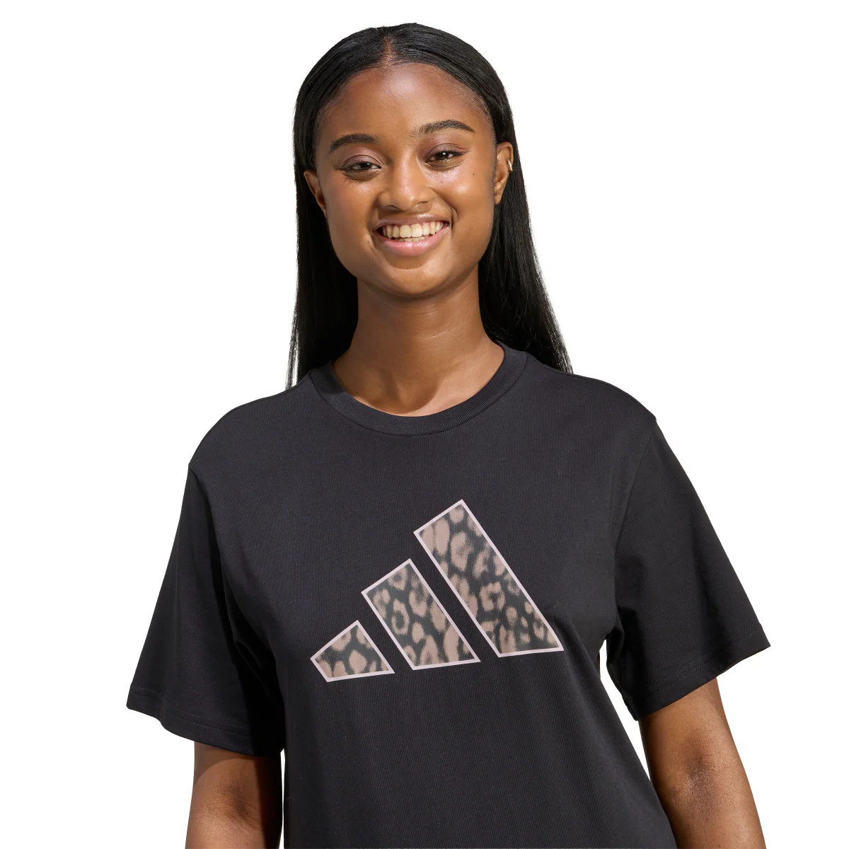 T-shirt sportiva nera da Donna con logo leopardato a contrasto adidas - Image 3