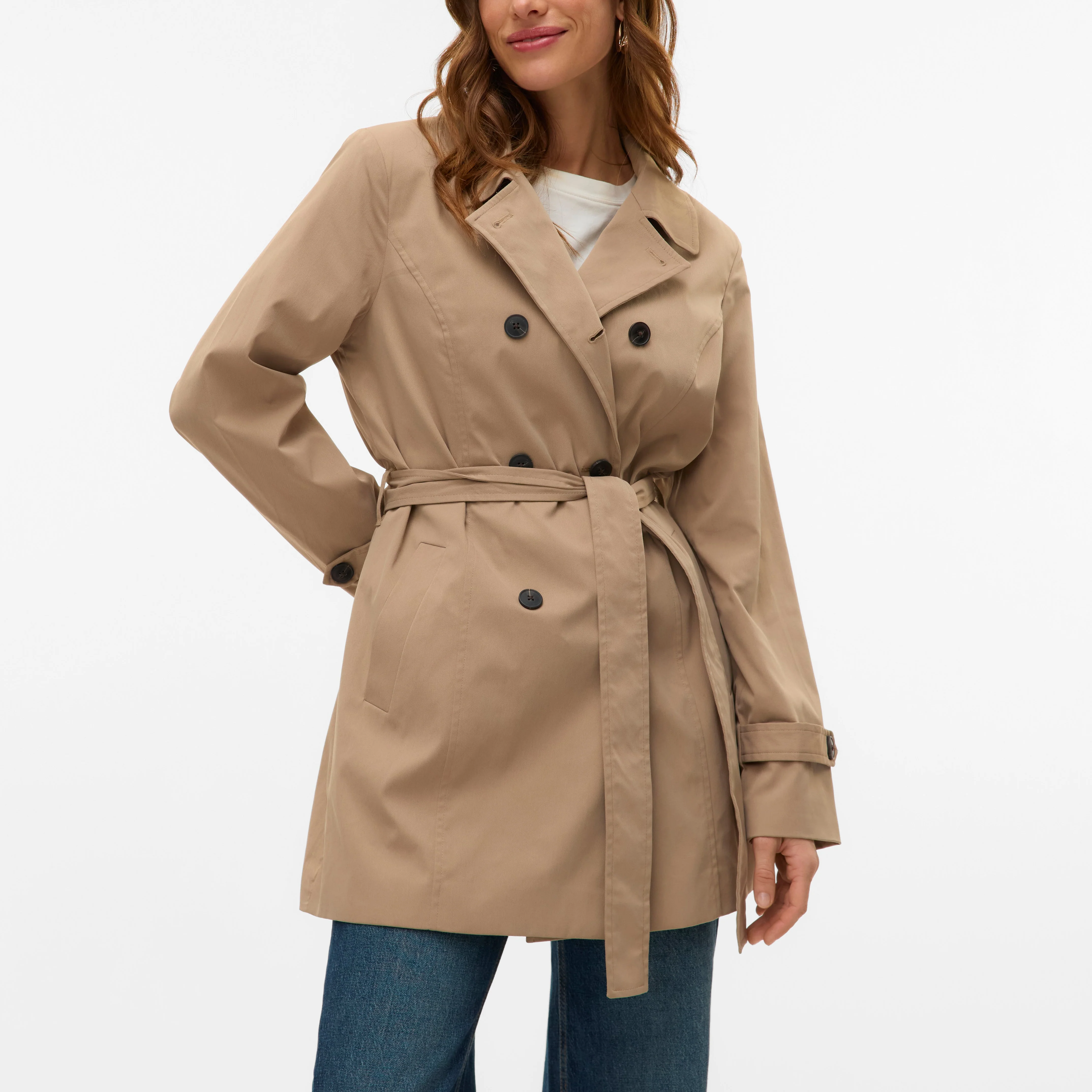 Trench Beige Donna doppiopetto corto con cintura e rever Vero Moda - Image 3