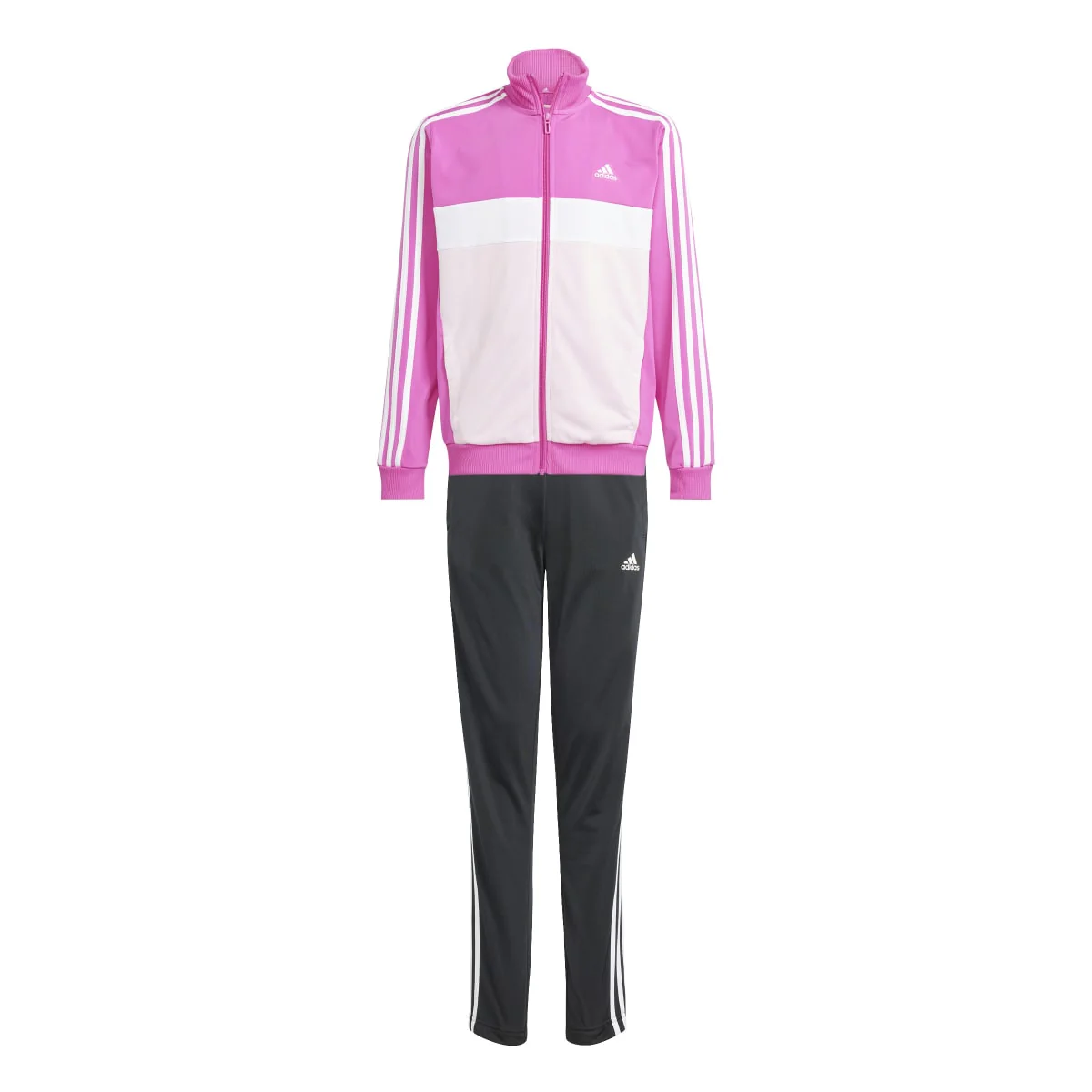 Tuta fucsia e bianca da bambina con pantaloni neri adidas Essentials 3-Stripes Tiberio